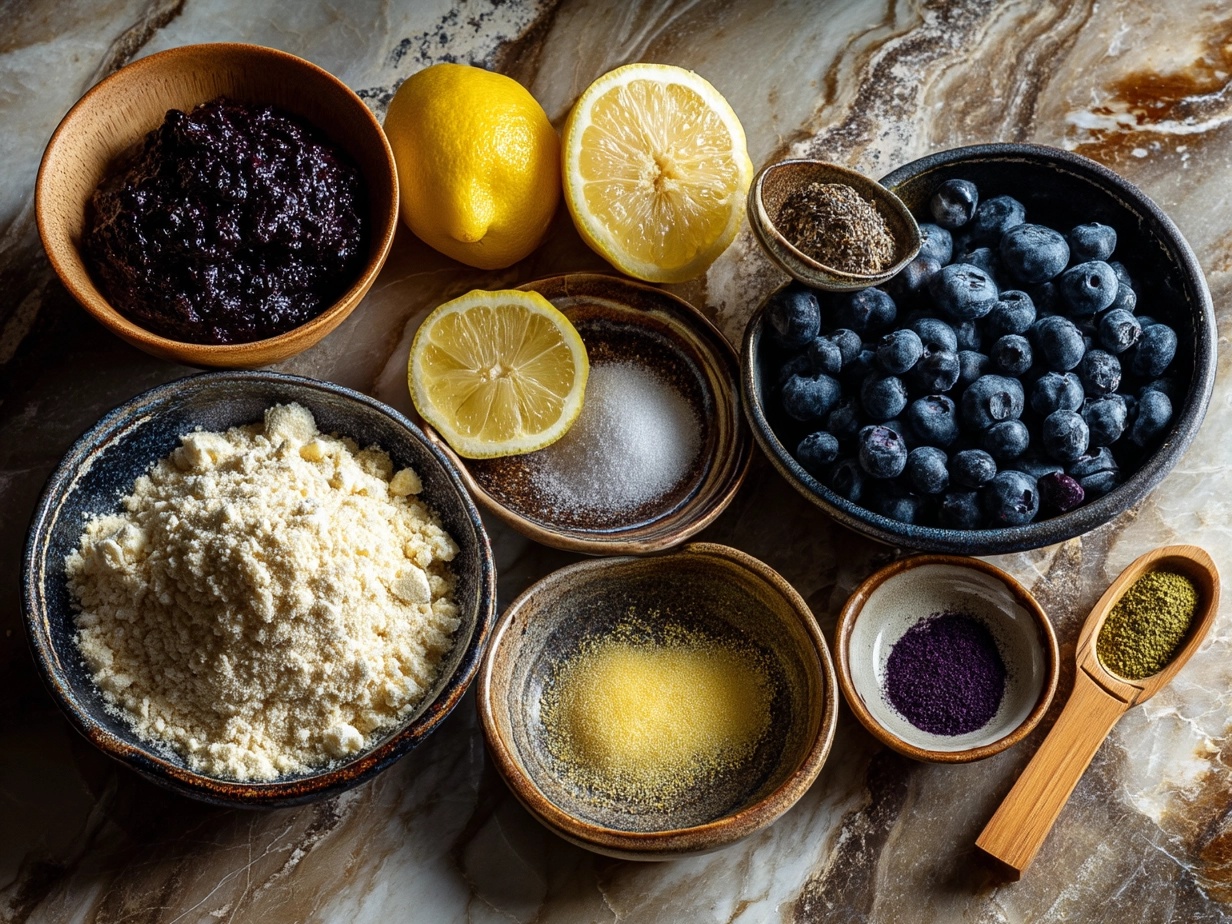 Ingredients for Lemon Blueberry Cheesecake laid out on a table