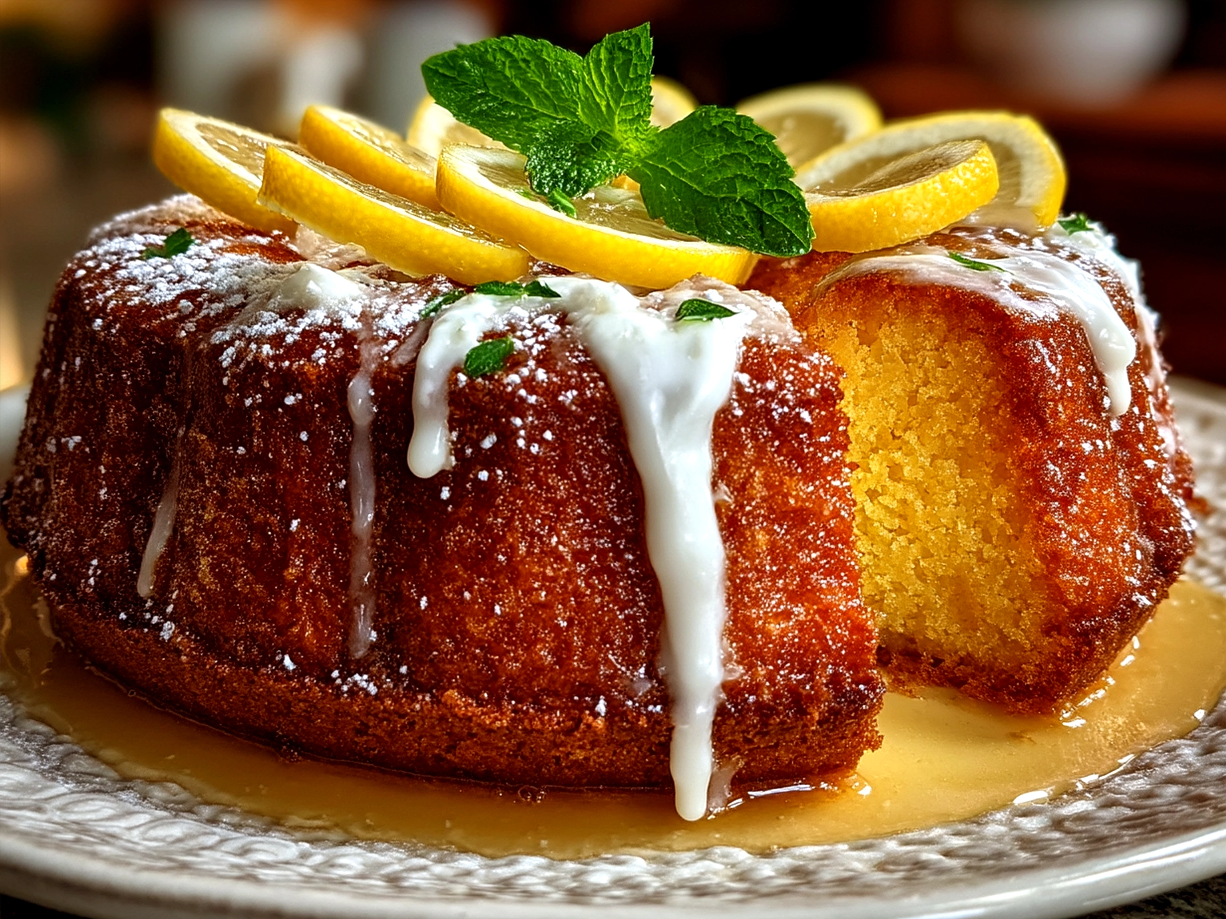 Serving presentation of a Slice of Limoncello Cake garnished with lemon zest and mascarpone cream