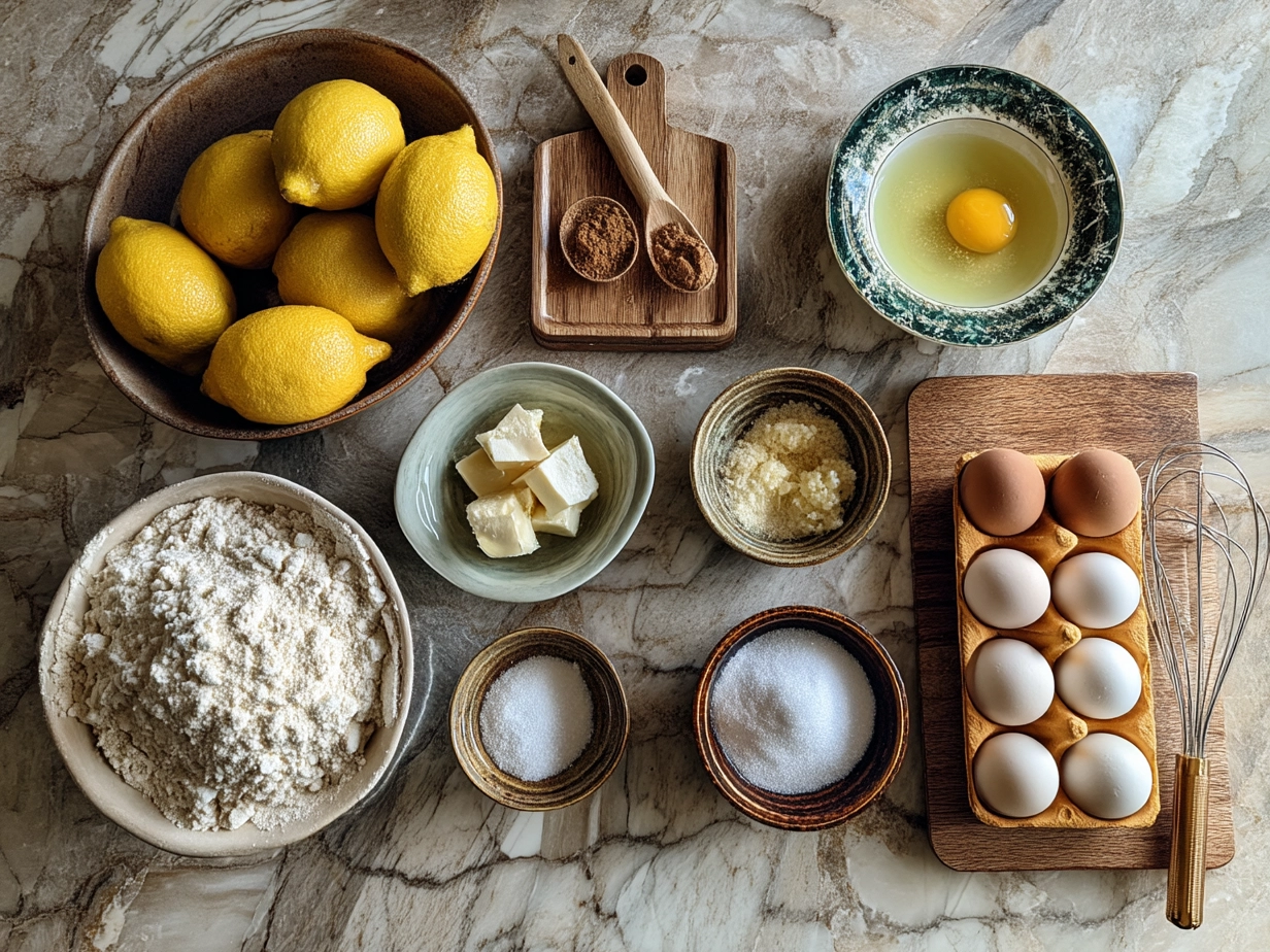 Ingredients for Limoncello Cake recipe - lemon zest, flour, eggs, butter, sugar, limoncello and mascarpone