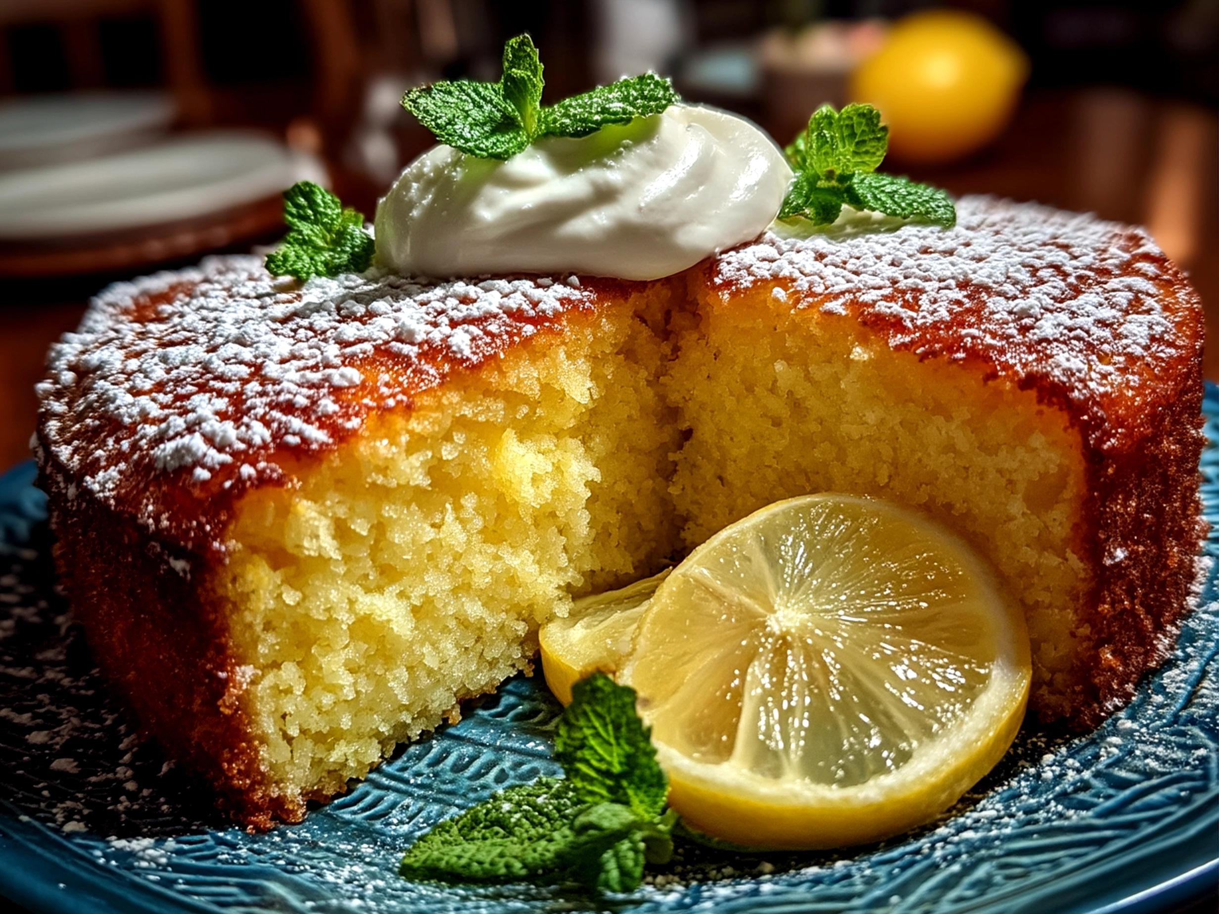 Finished Limoncello Mascarpone Cake on white cake stand ready to be served