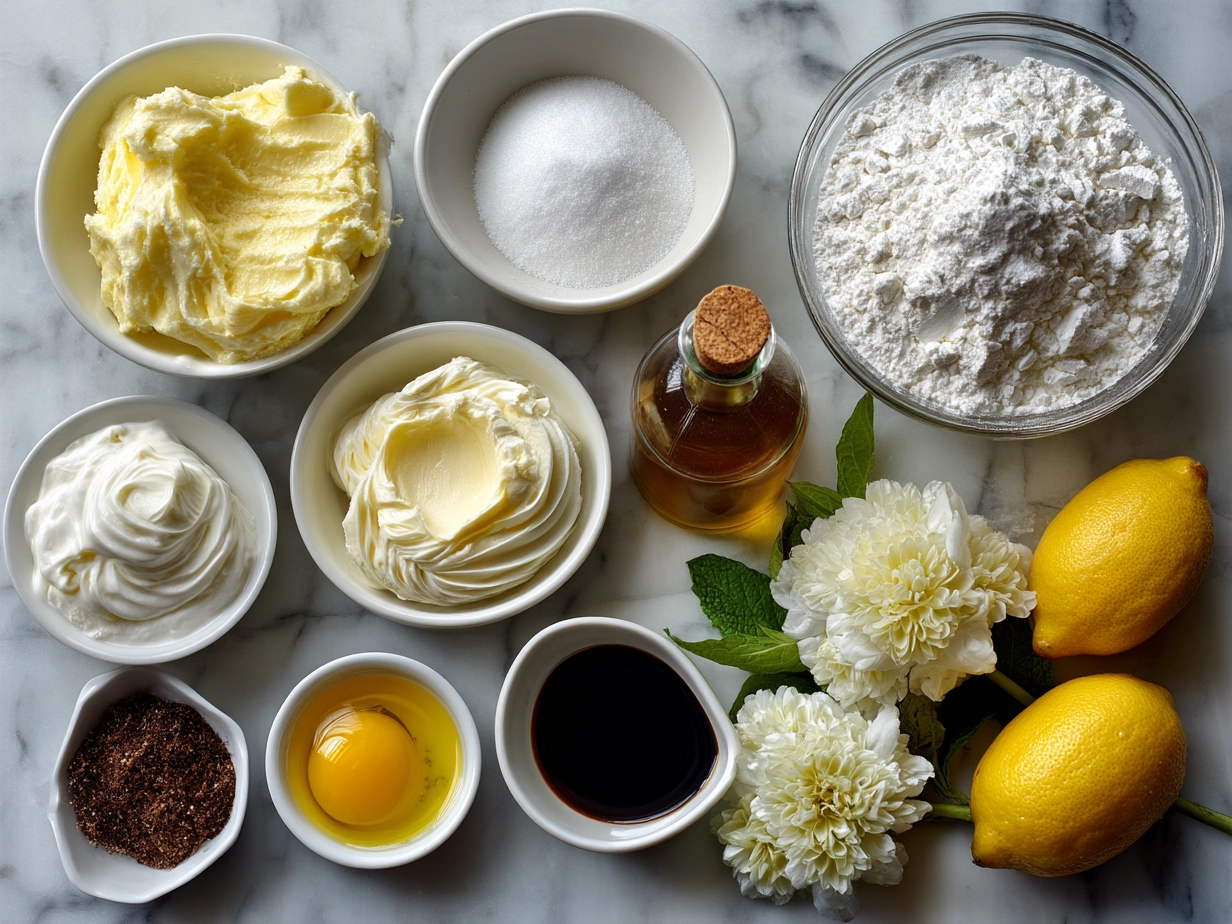 Ingredients for Limoncello Mascarpone Cake laid out in bowls