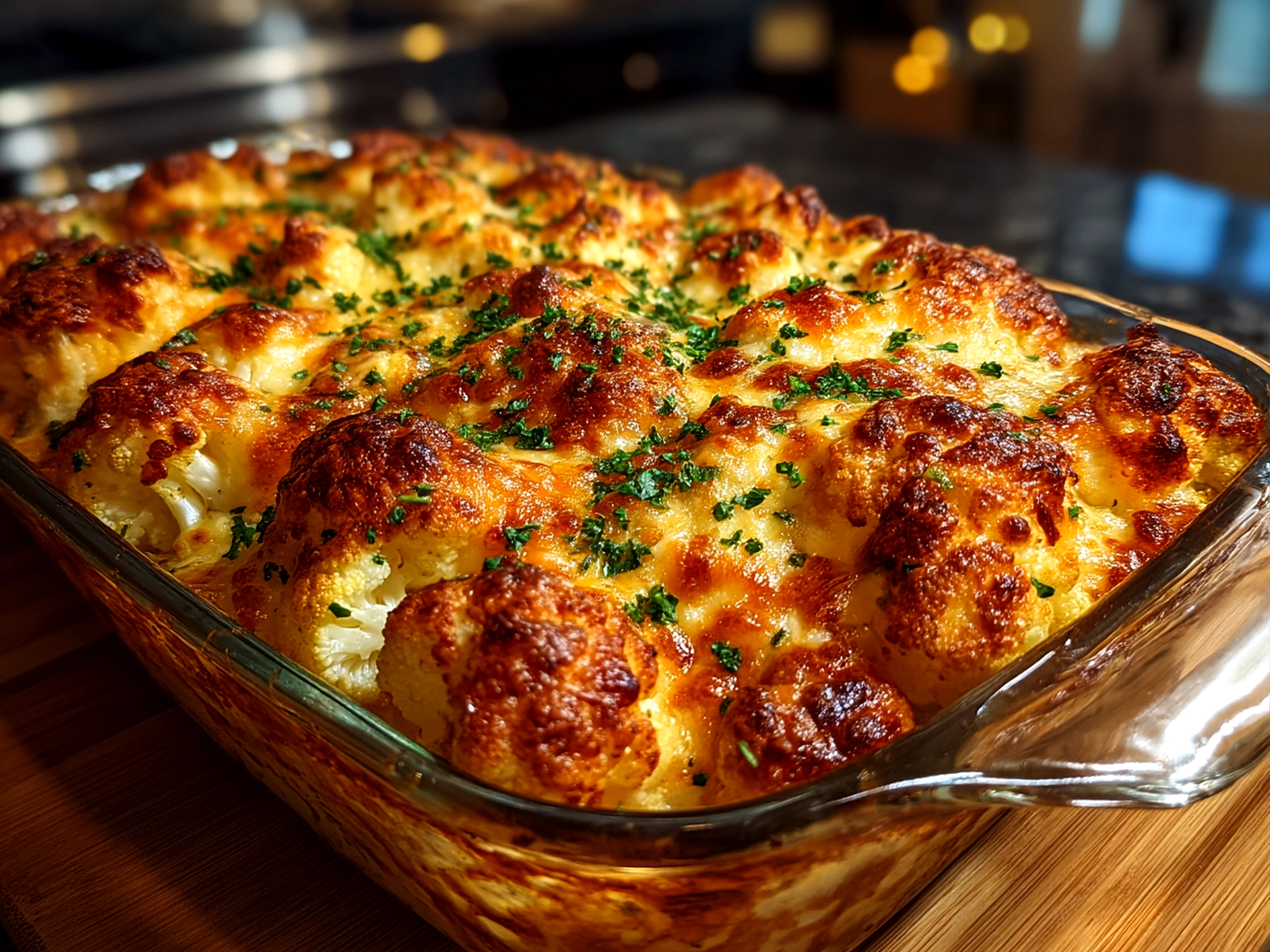 Serving Loaded Cauliflower Casserole garnished with fresh chopped chives and crispy bacon
