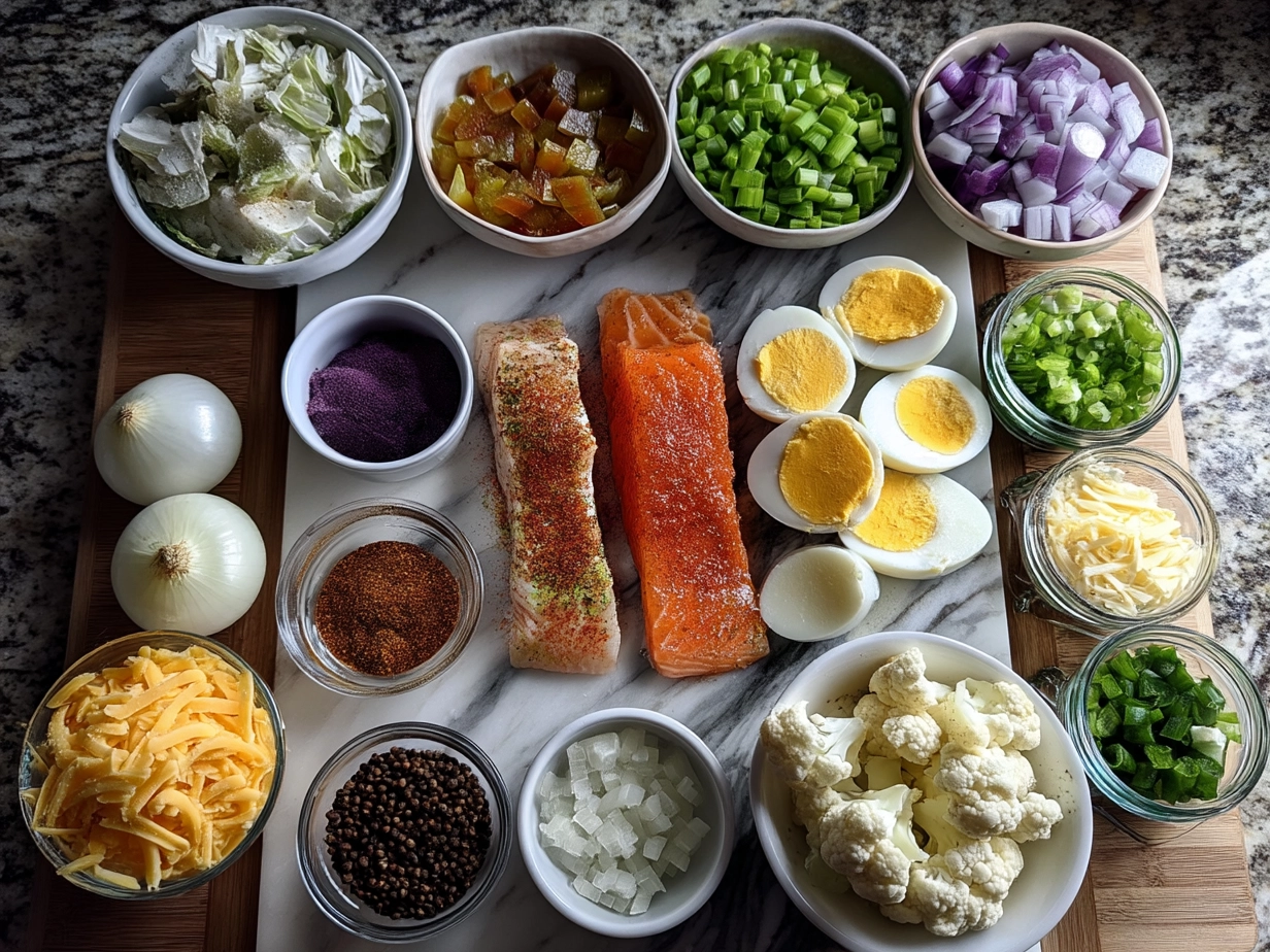 Ingredients for Loaded Cauliflower Casserole including cauliflower, cheddar cheese, bacon, sour cream, mayonnaise, Parmesan cheese, and spices