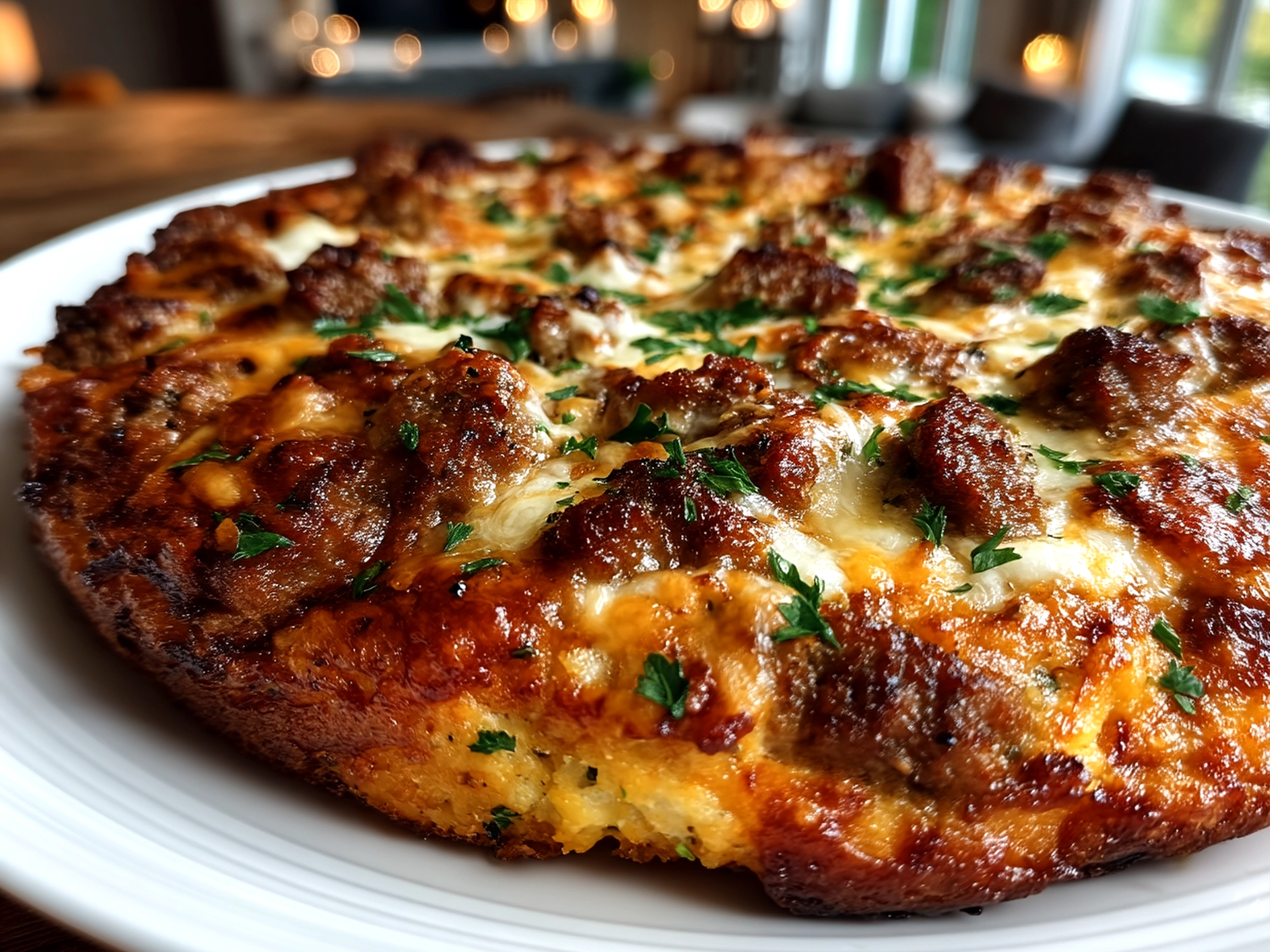 Served Low-Carb Meat Pizza with cheese, pepperoni, and herbs on rustic wooden board
