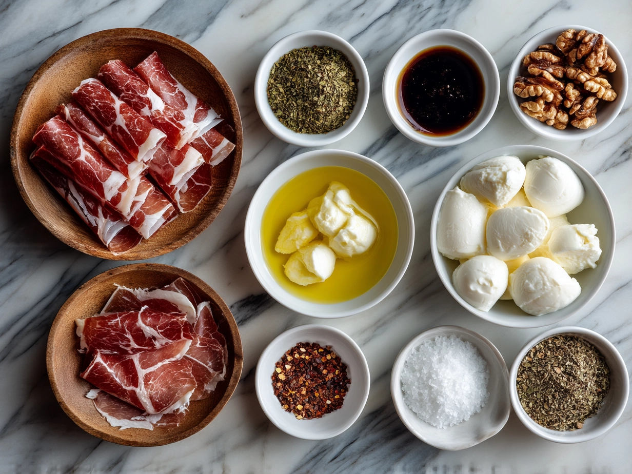 Ingredients for Prosciutto Wrapped Mozzarella Bites laid out on marble kitchen counter