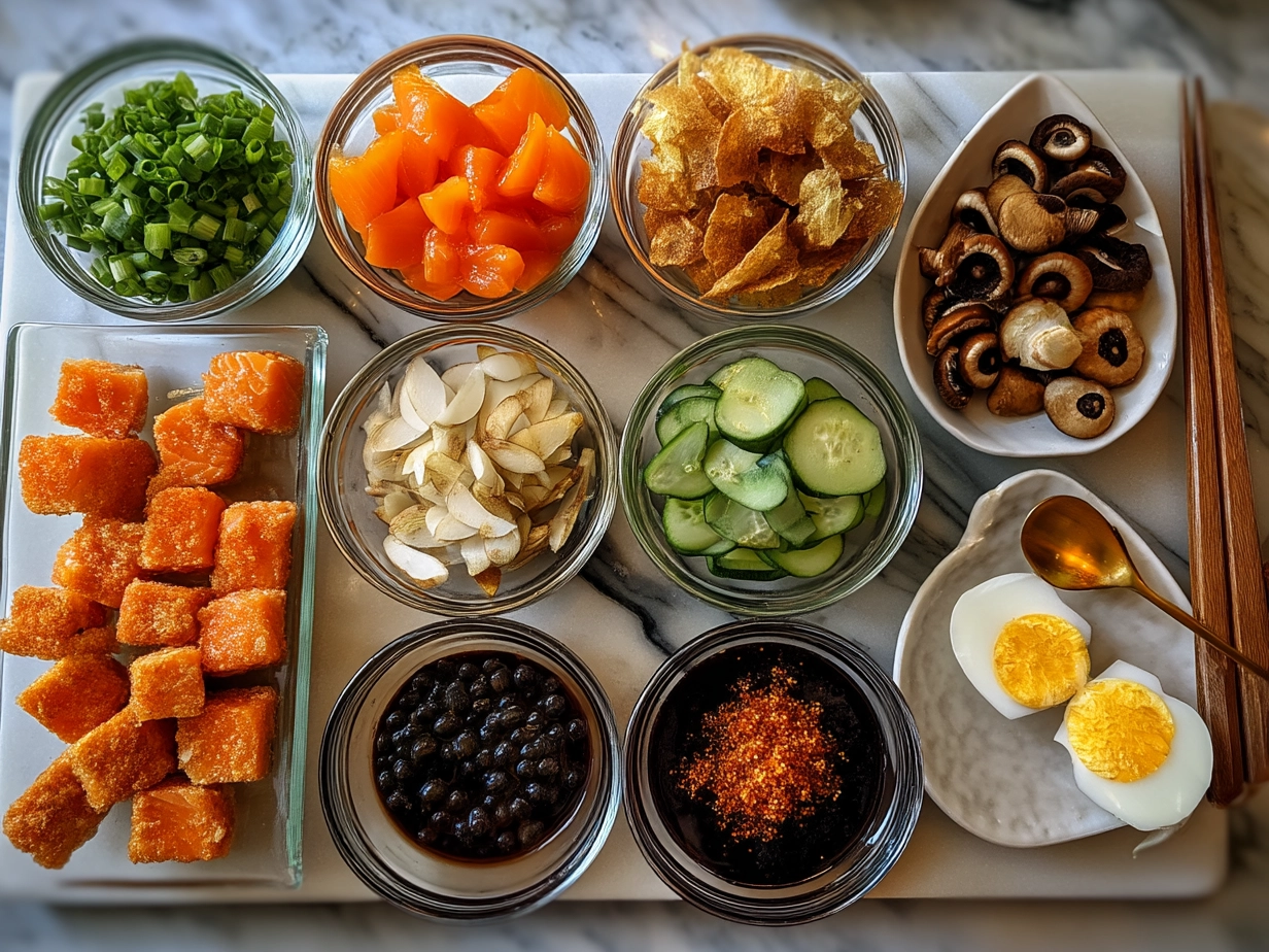 Organized raw ingredients for Crispy Bang Bang Salmon Bites on white marble surface