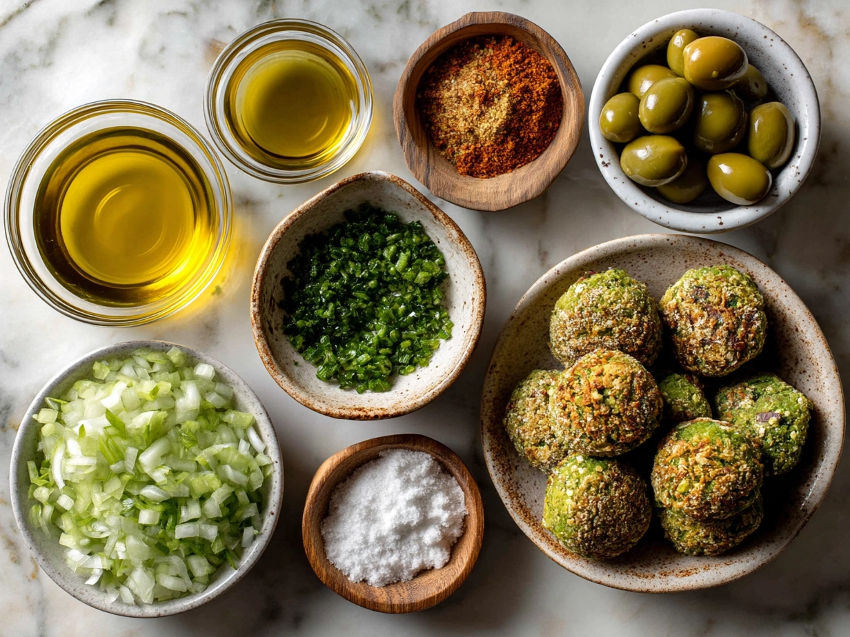 Ingredients for Oven-Baked Falafel Patties including chickpeas, onions, garlic, herbs, spices, and flour