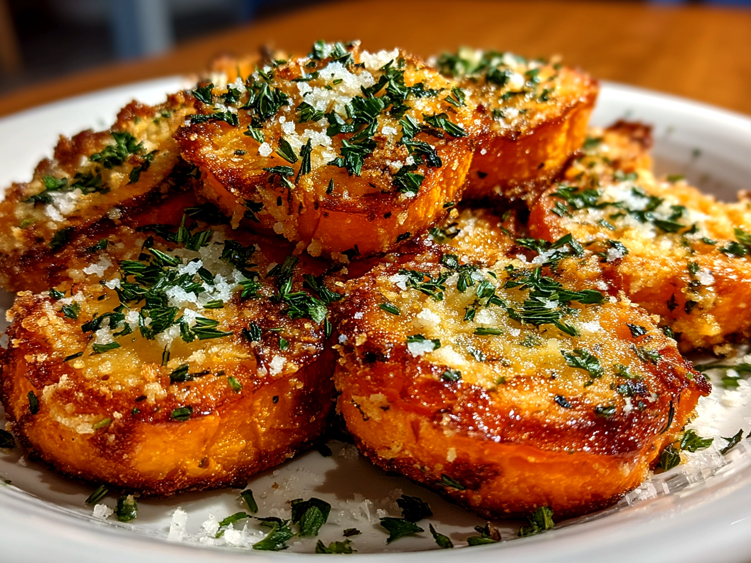 Serving of Parmesan Herb Sweet Potato Medallions garnished with rosemary and Parmesan