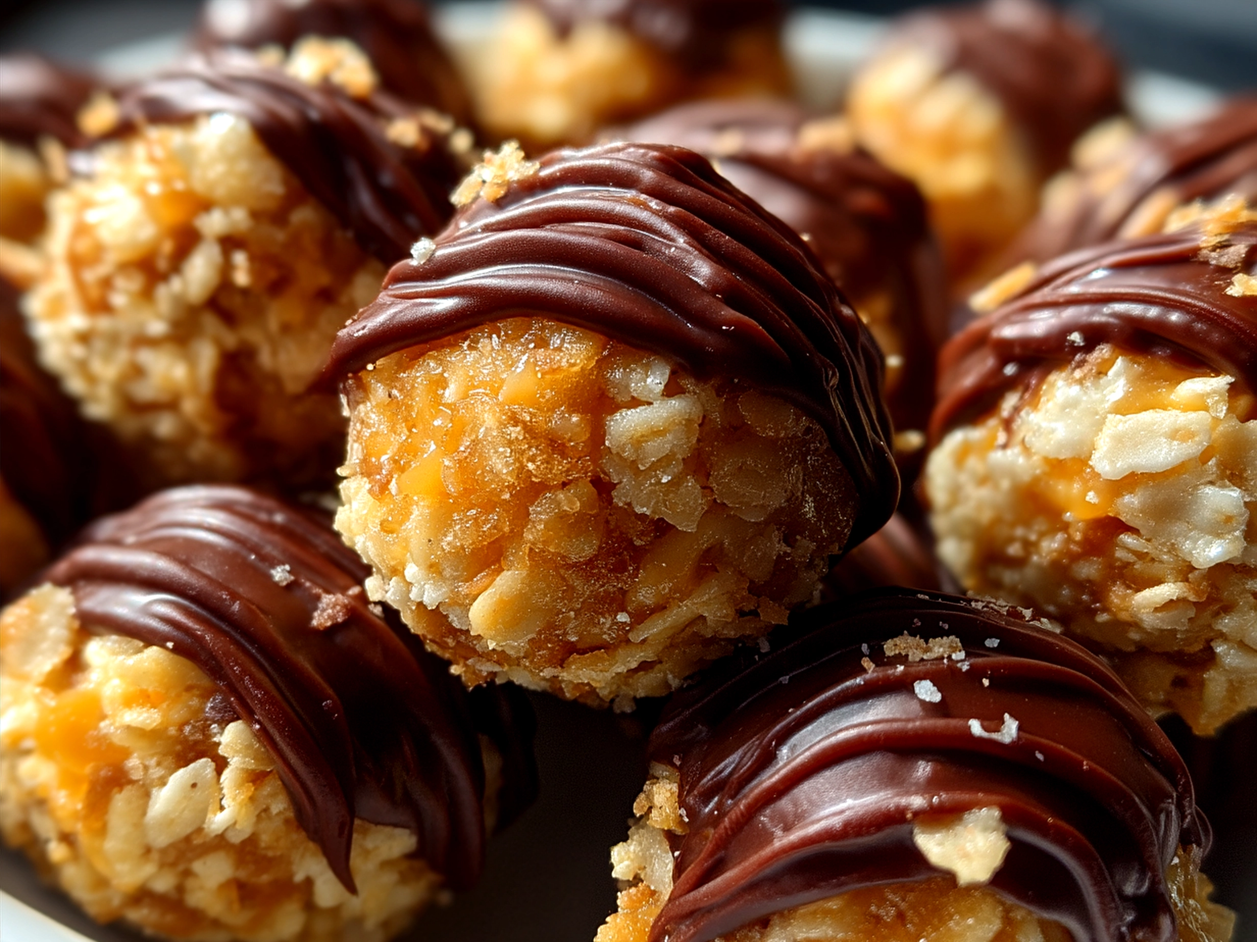 Finished Peanut Butter Balls with Rice Krispies arranged on a serving board with chocolate drizzle and sea salt