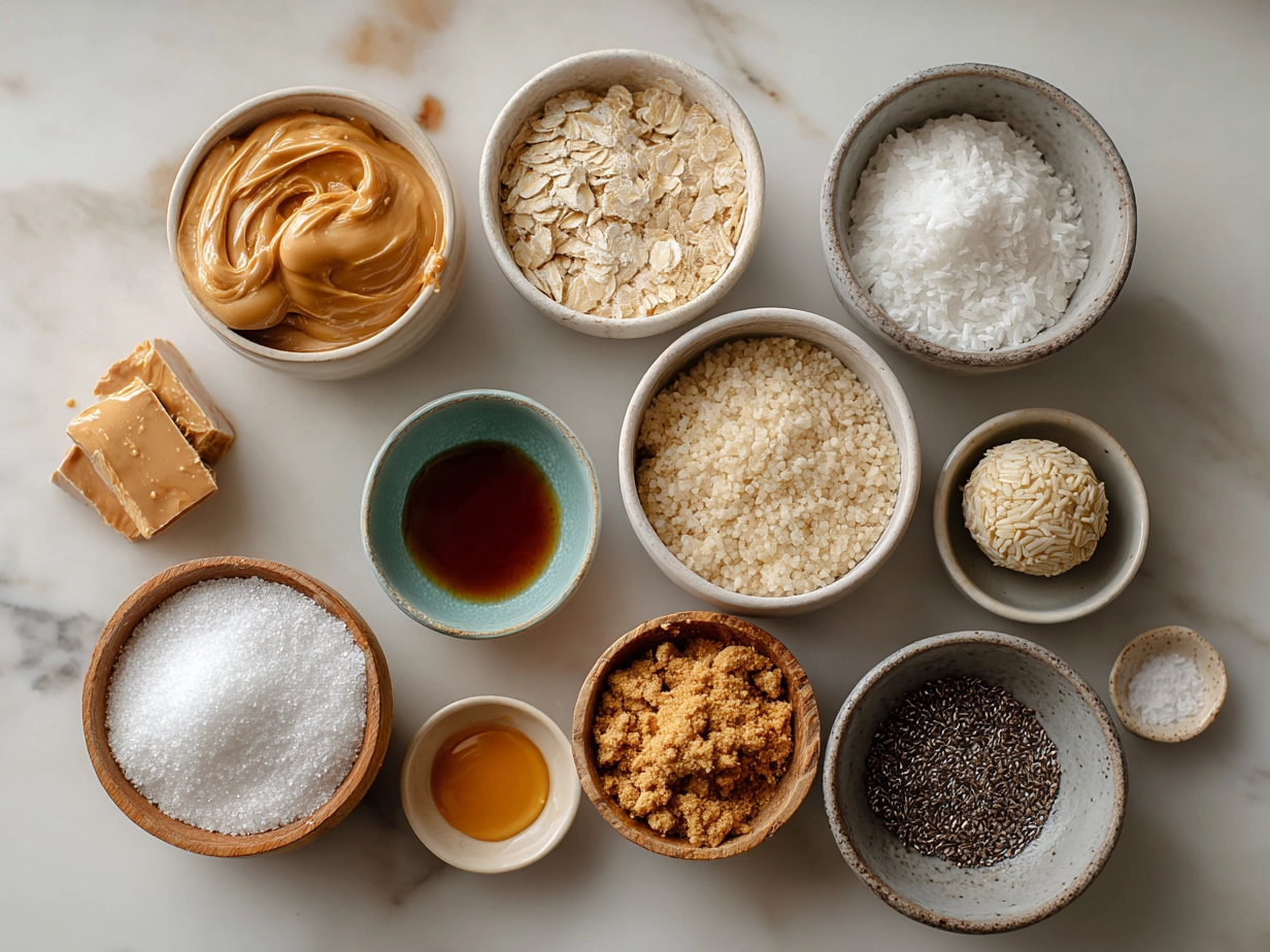 Ingredients for Peanut Butter Balls with Rice Krispies including peanut butter, honey, Rice Krispies, powdered sugar, and chocolate chips