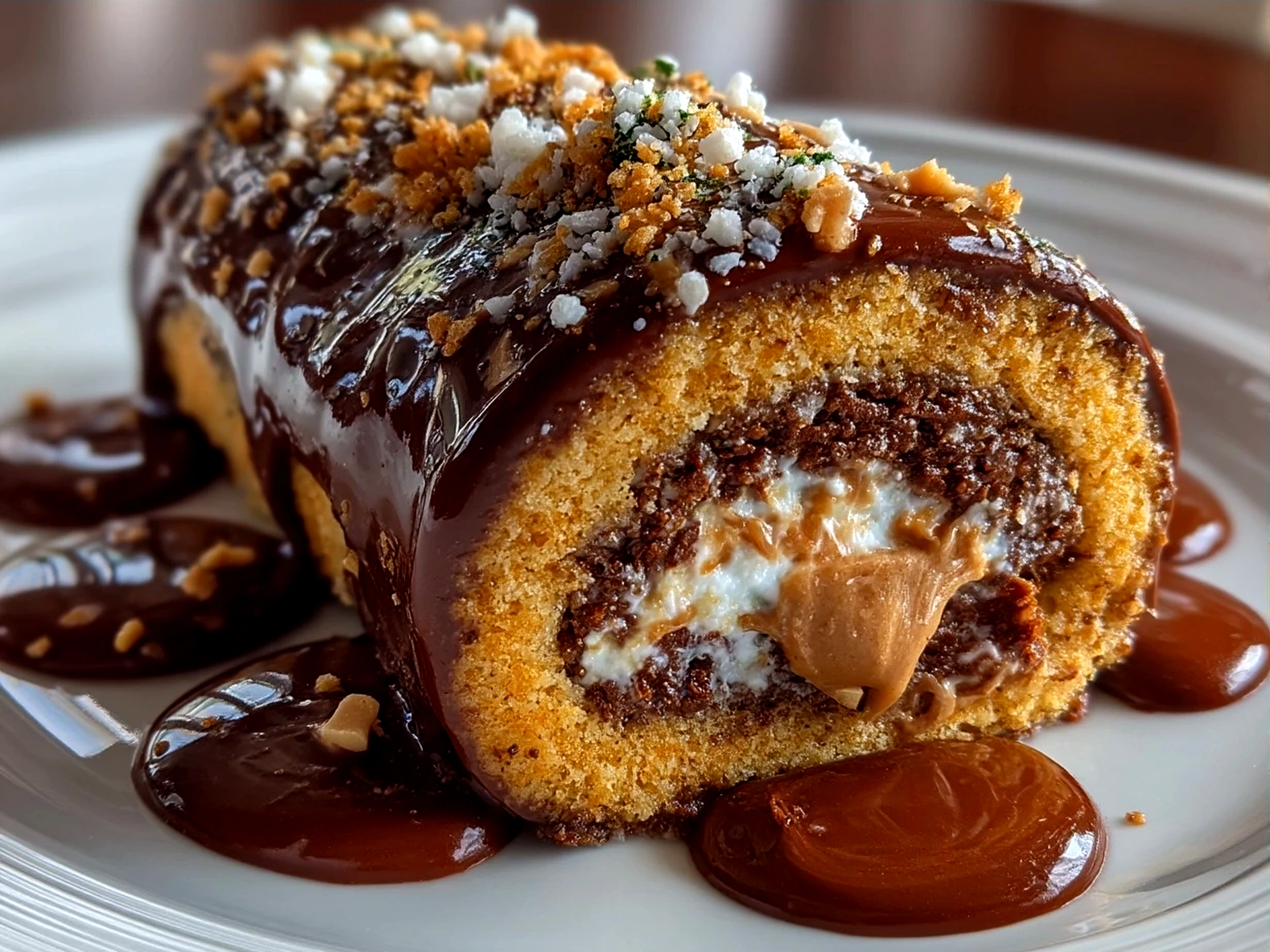 Final presentation of Peanut Butter Cup Chocolate Roll dessert sliced with creamy peanut butter filling and chocolate spiral