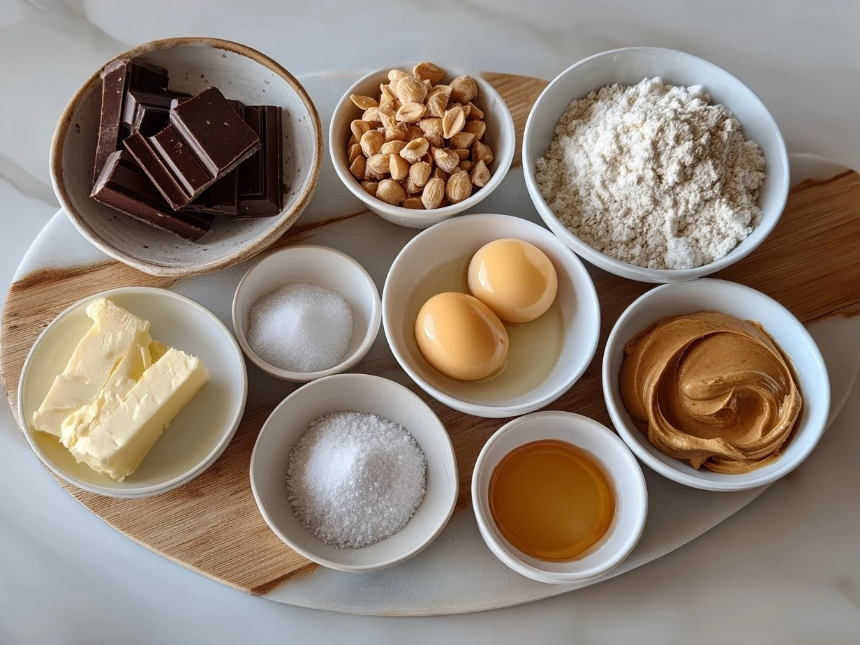 Ingredients for Peanut Butter Cup Chocolate Roll including eggs, cocoa, peanut butter, powdered sugar, butter and peanut butter cups