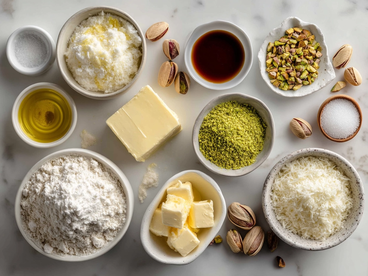 Ingredients for Pistachio Cream Croissants including puff pastry, pistachios, sugar, butter, cream, almond extract, egg, and salt