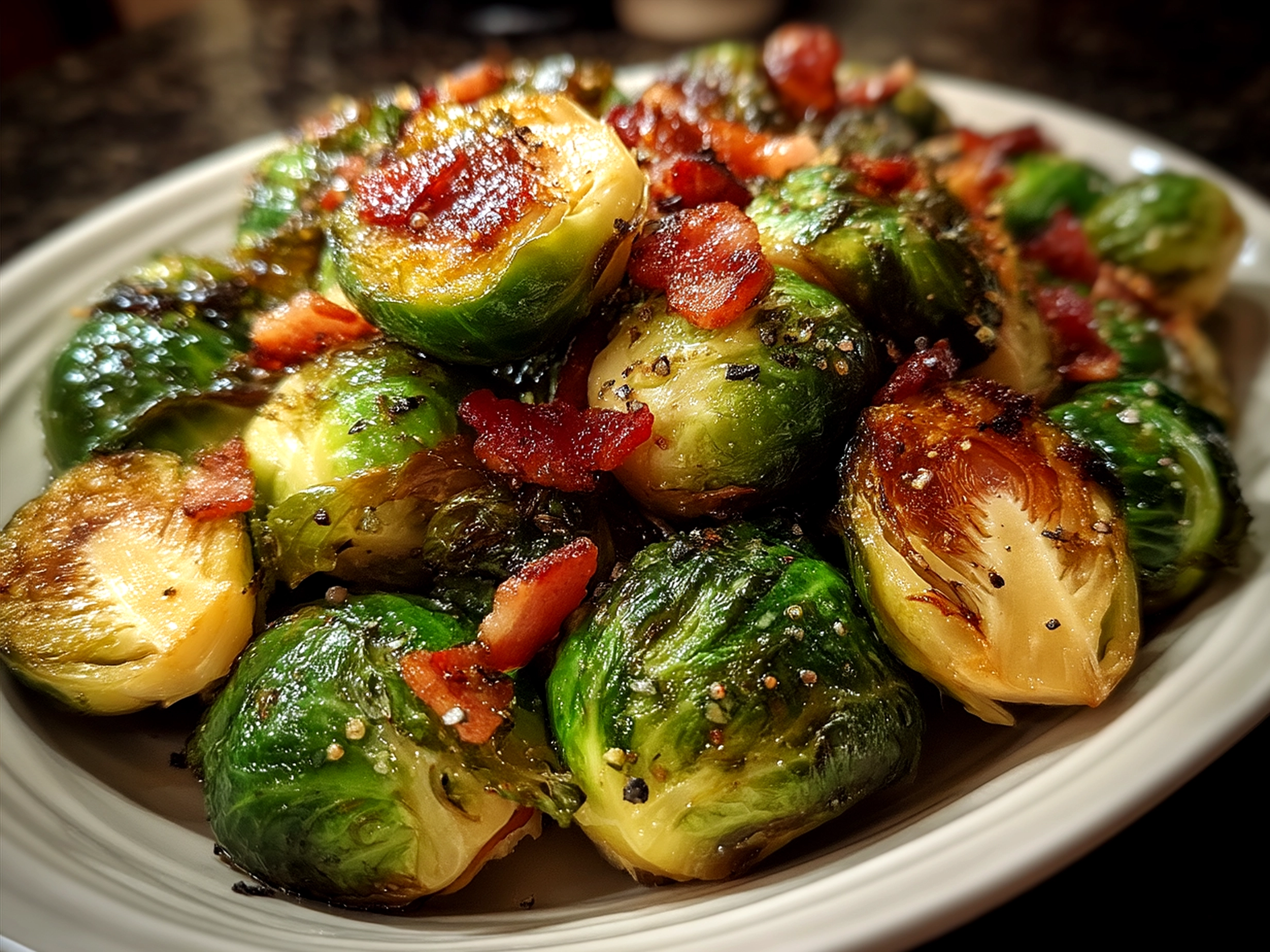 Served Roasted Brussels Sprouts with Bacon and Balsamic Glaze
