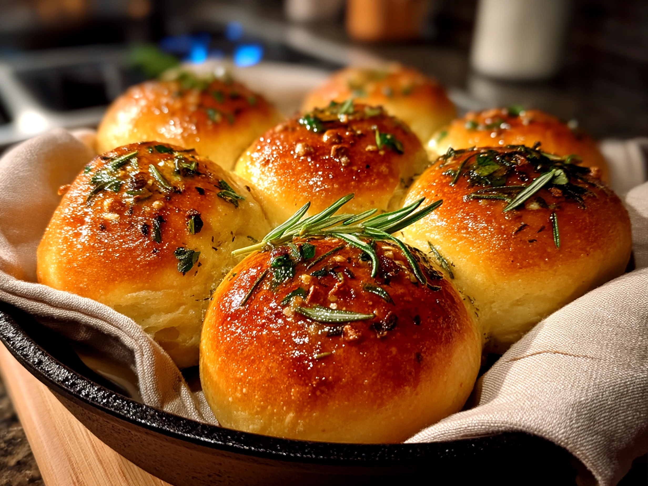 Serving plate of golden rosemary garlic dinner rolls garnished with fresh rosemary sprigs
