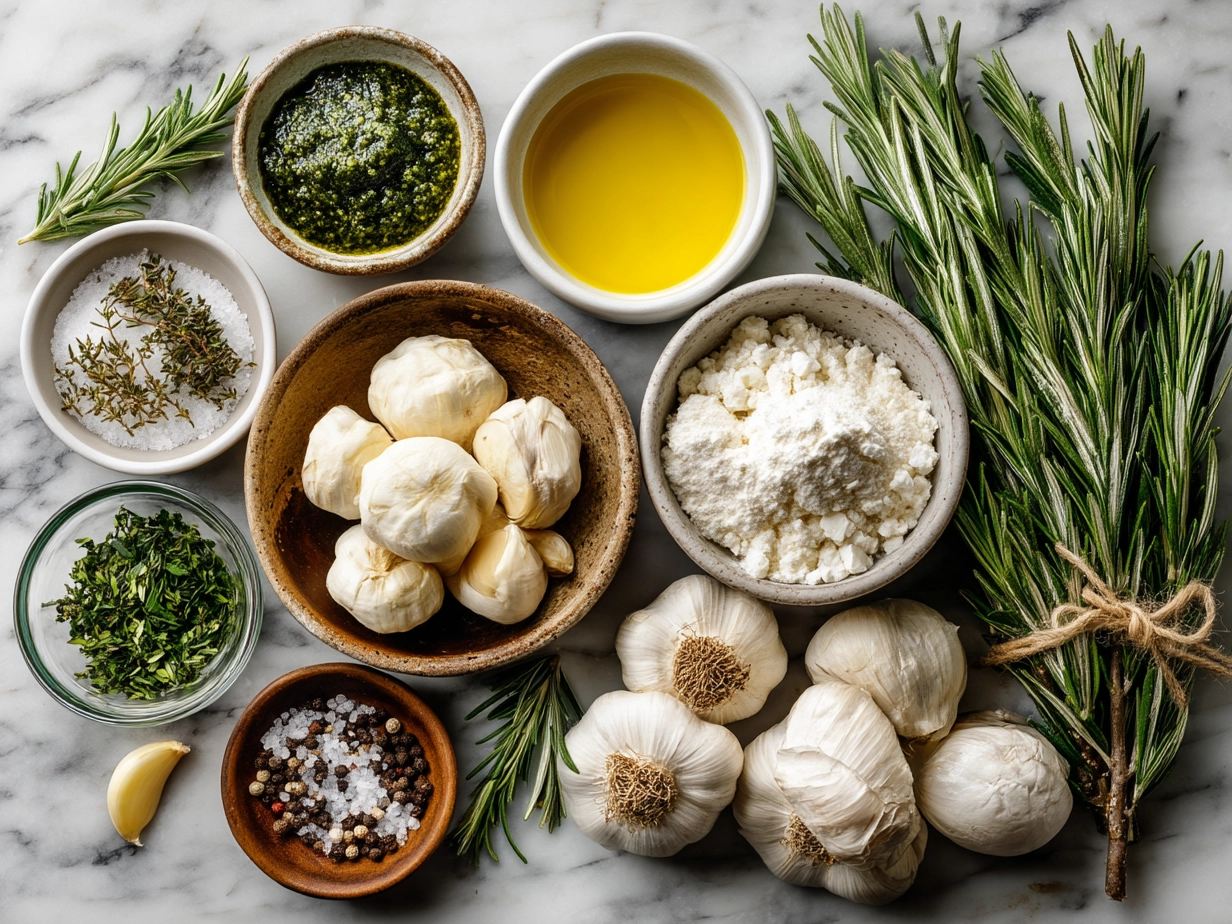 Ingredients for homemade rosemary garlic rolls including flour, fresh rosemary, garlic, milk, butter, sugar, and yeast