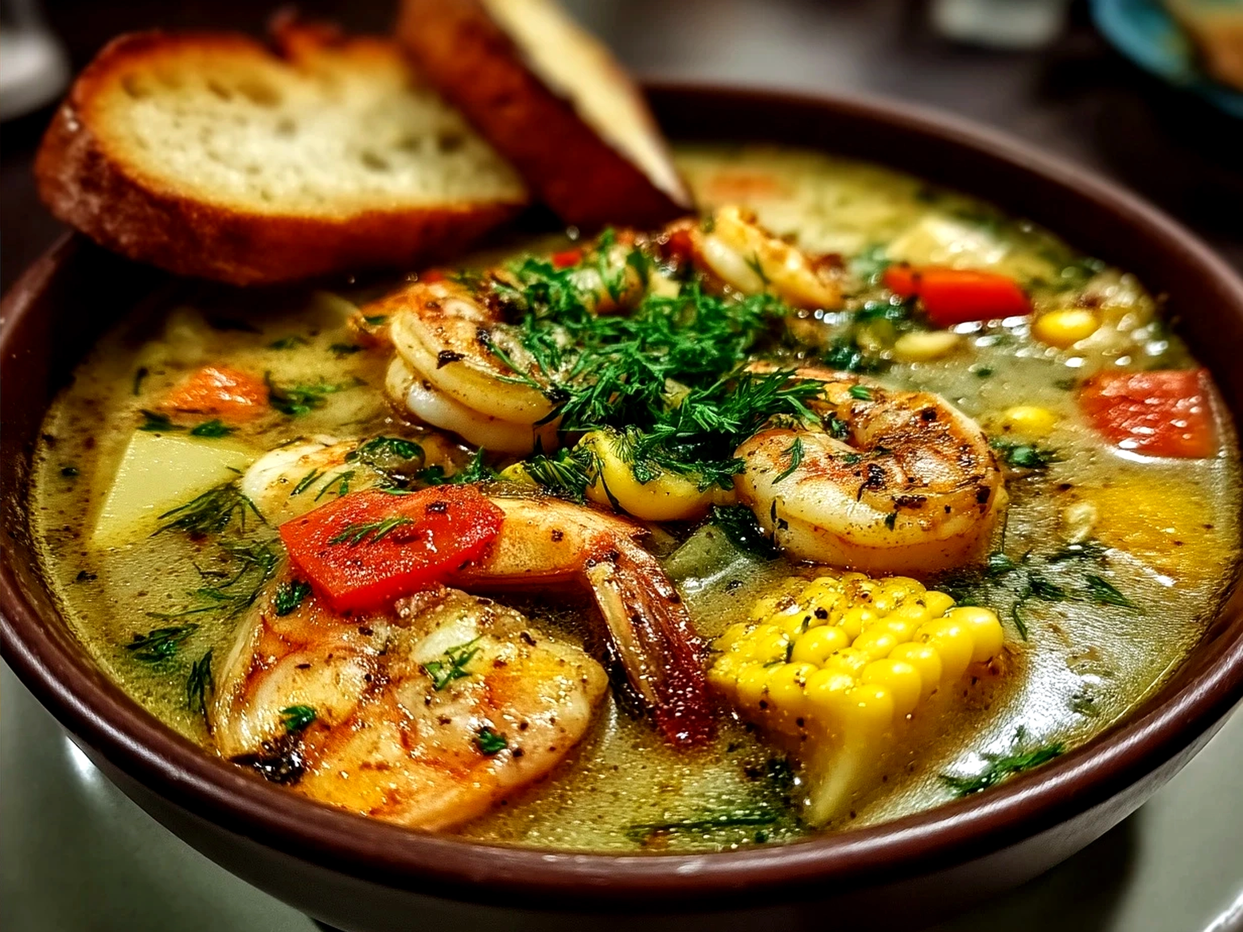 Serving bowl of creamy Seafood Chowder garnished with fresh parsley and crispy bacon