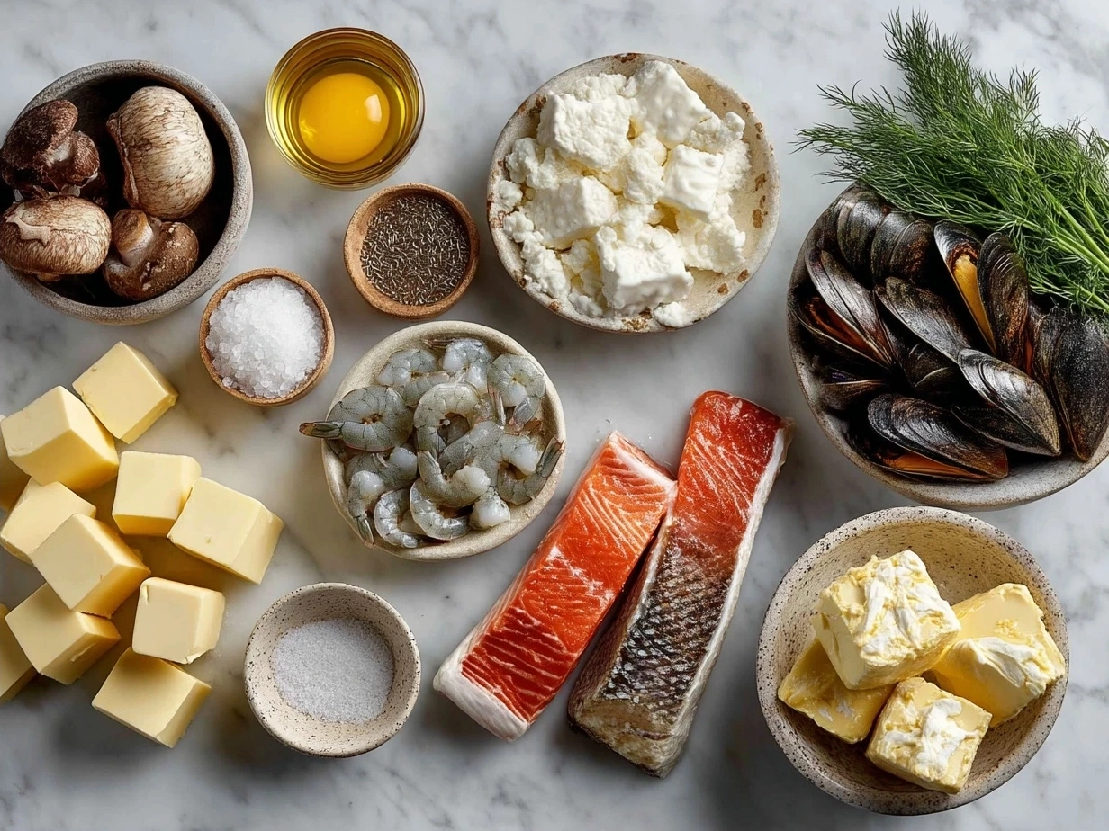 Ingredients for Seafood Chowder including fresh clams, white fish fillets, potatoes, onions, celery, and cream