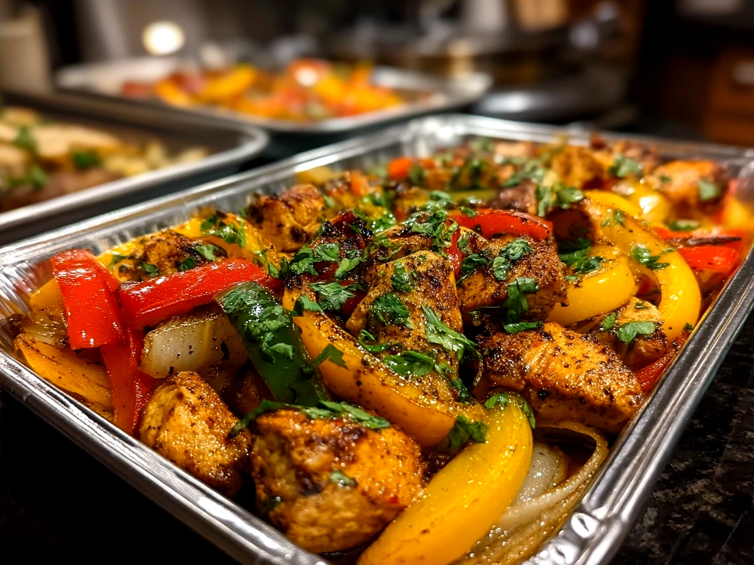 Served Sheet Pan Chicken Fajitas on a platter with tortillas and garnishes
