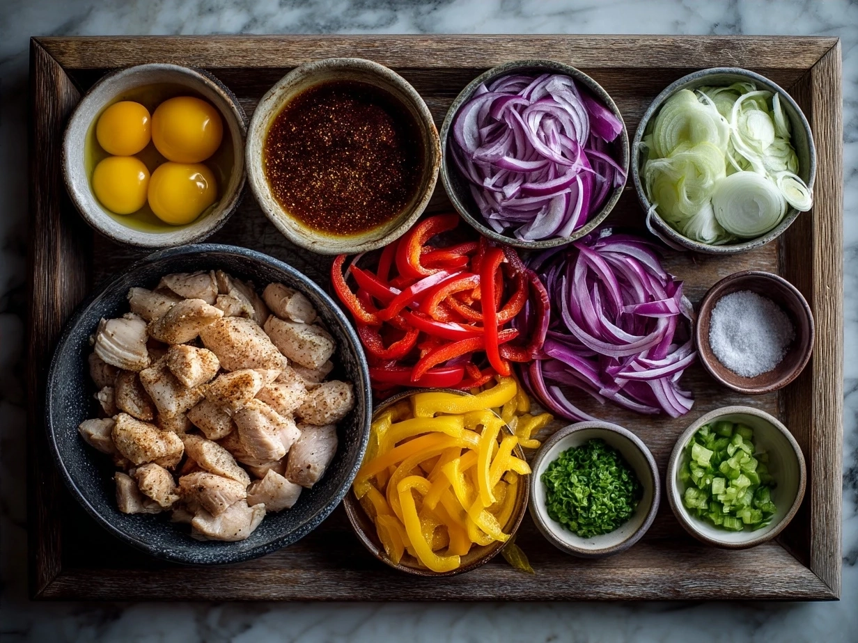 Ingredients for Sheet Pan Chicken Fajitas including chicken, peppers, onions, and spices