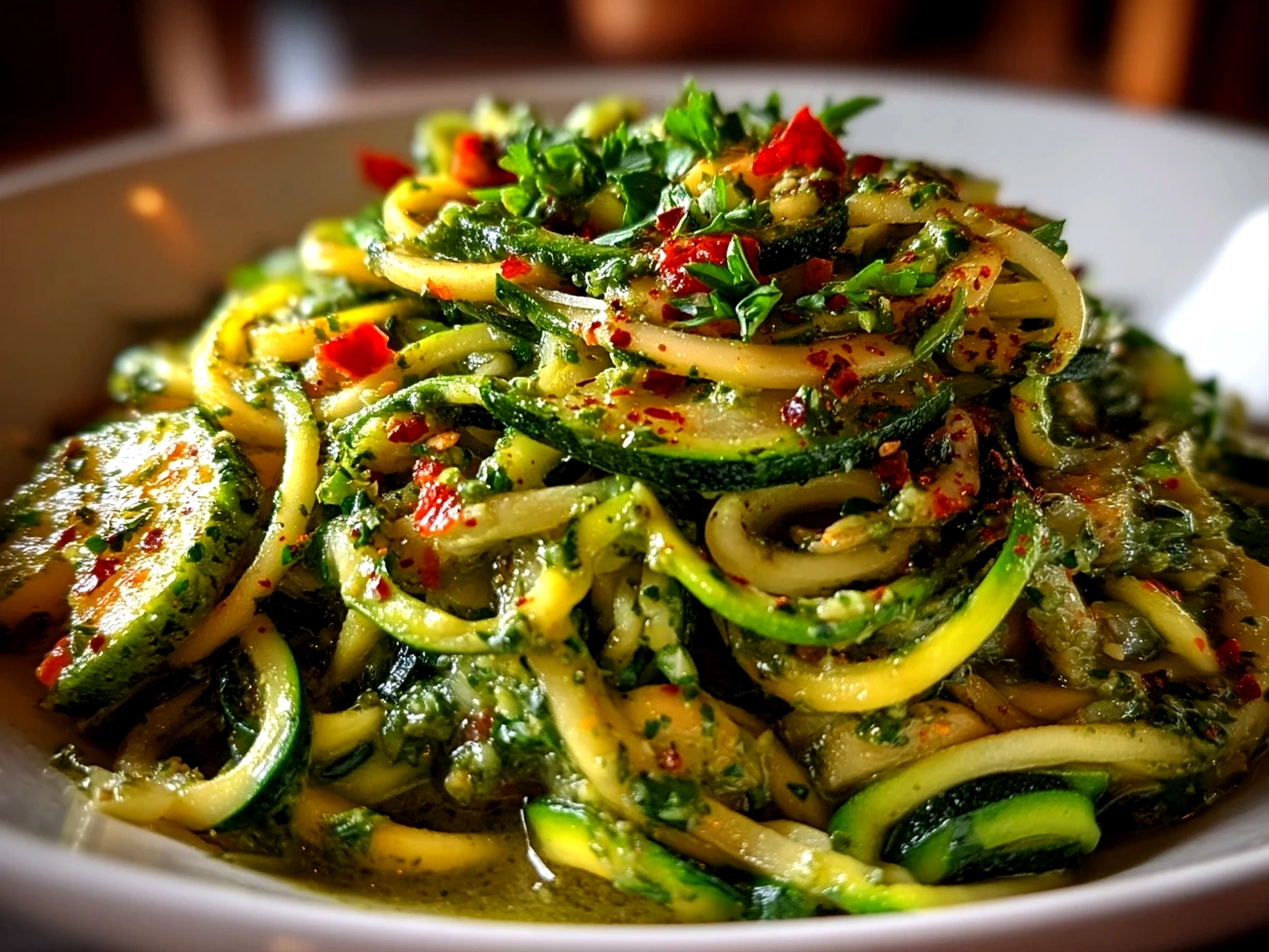 Plated Avocado Pesto Zoodles garnished with toasted nuts