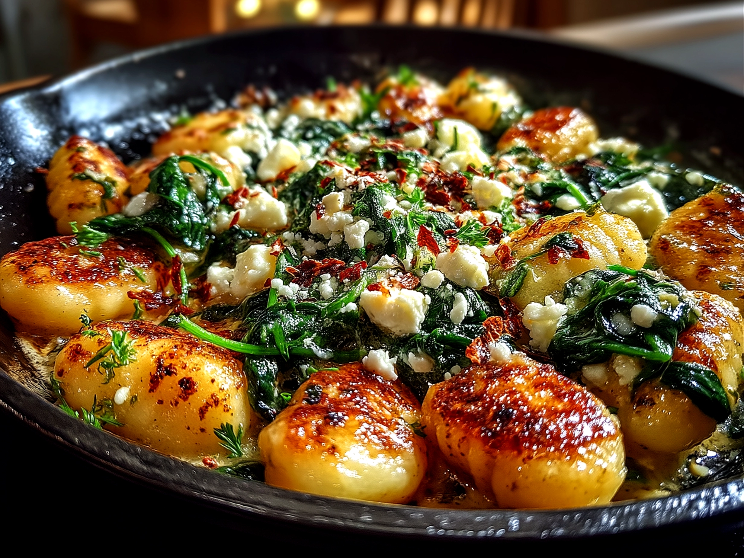 Close-up shot of finished Gnocchi with Spinach and Feta on a white plate