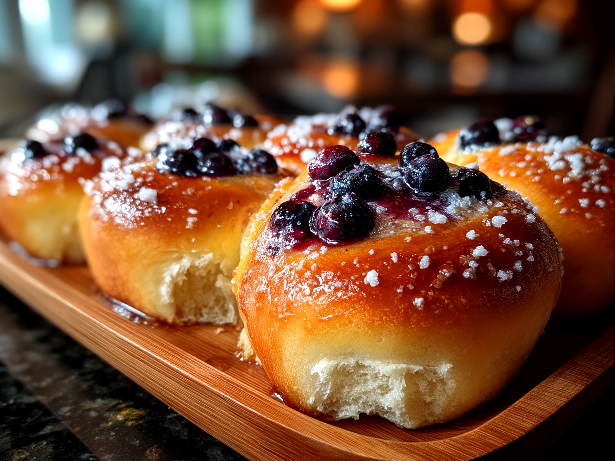 Close-up of finished Blueberry Lemon Sourdough Sweet Rolls with lemon glaze and juicy blueberries