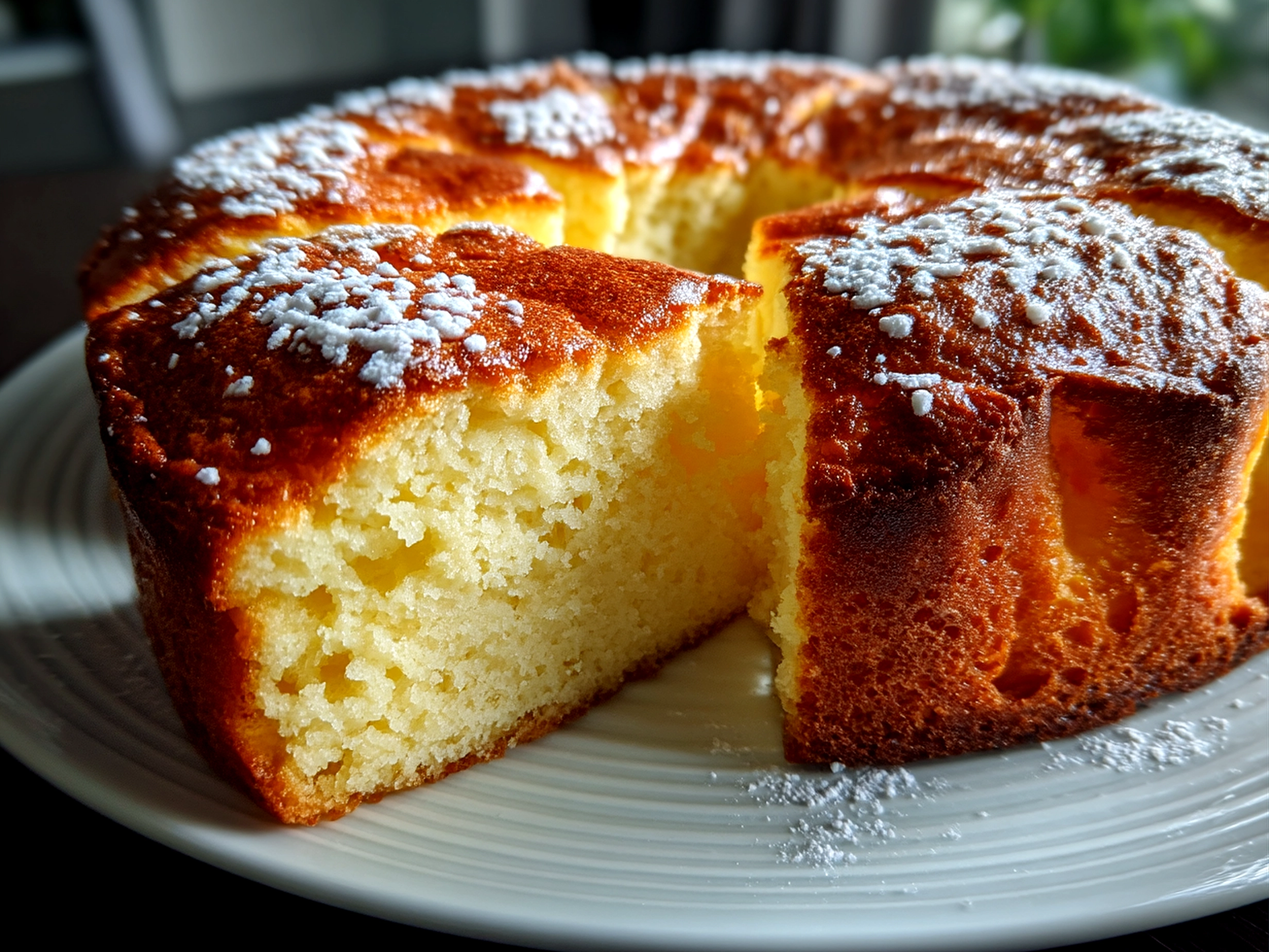 Slight angle close up of finished comforting 3 Ingredient Creamy Yogurt Cake