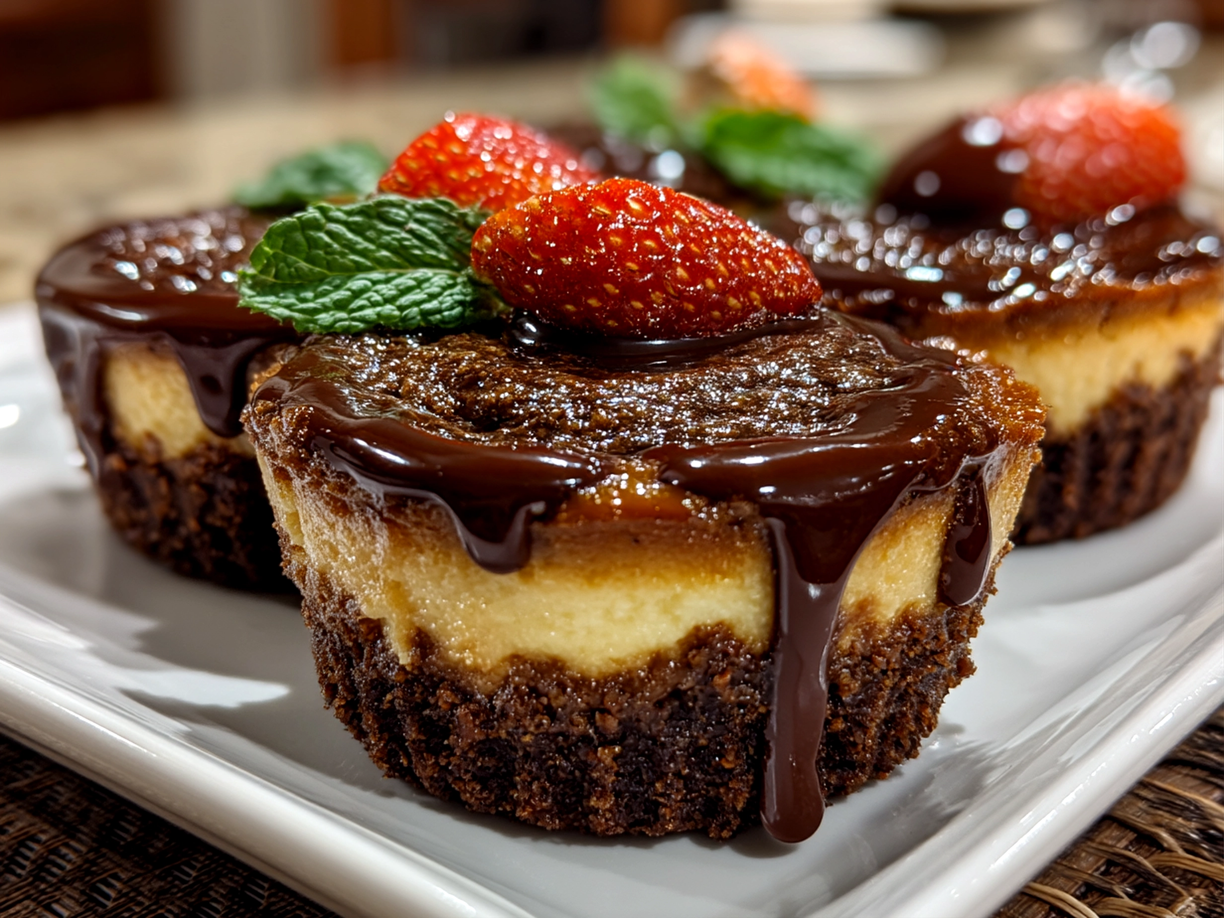 Slight angle close-up of finished comforting Chocolate Gnome Cheesecakes