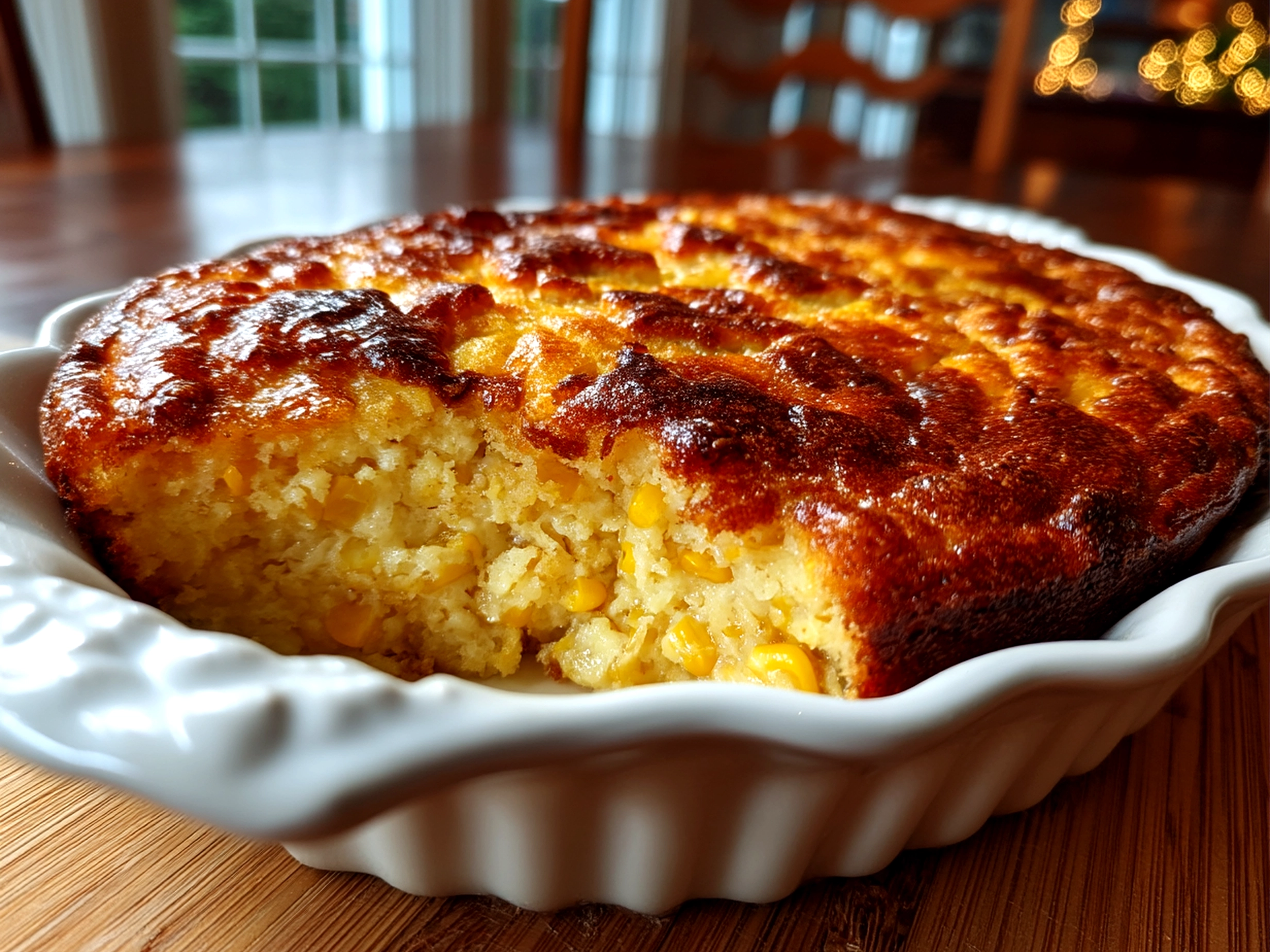 Slight angle close up of finished comforting Nantucket Corn Pudding