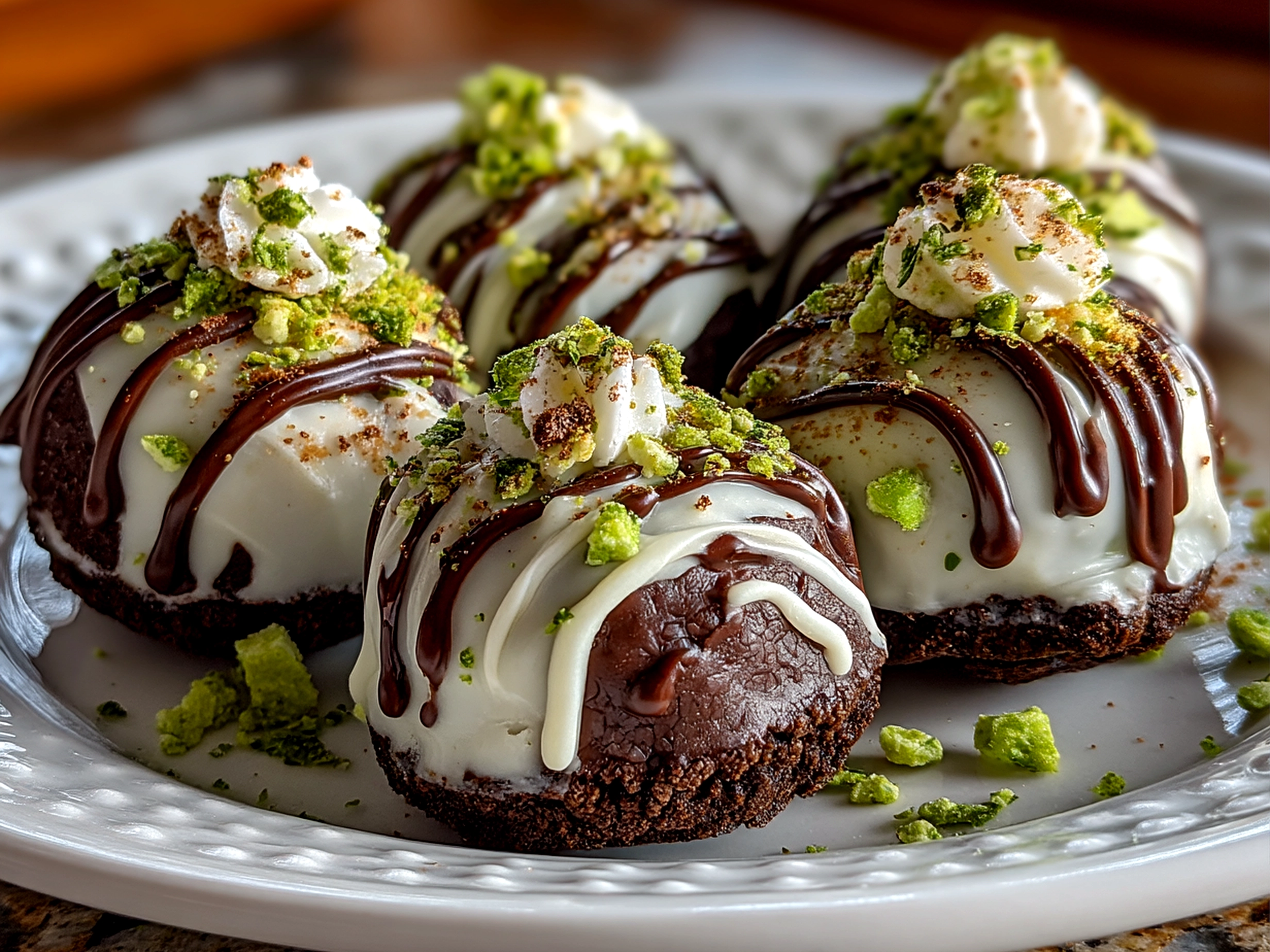 Slight angle close-up of finished comforting No-Bake Grinch Oreo Truffles