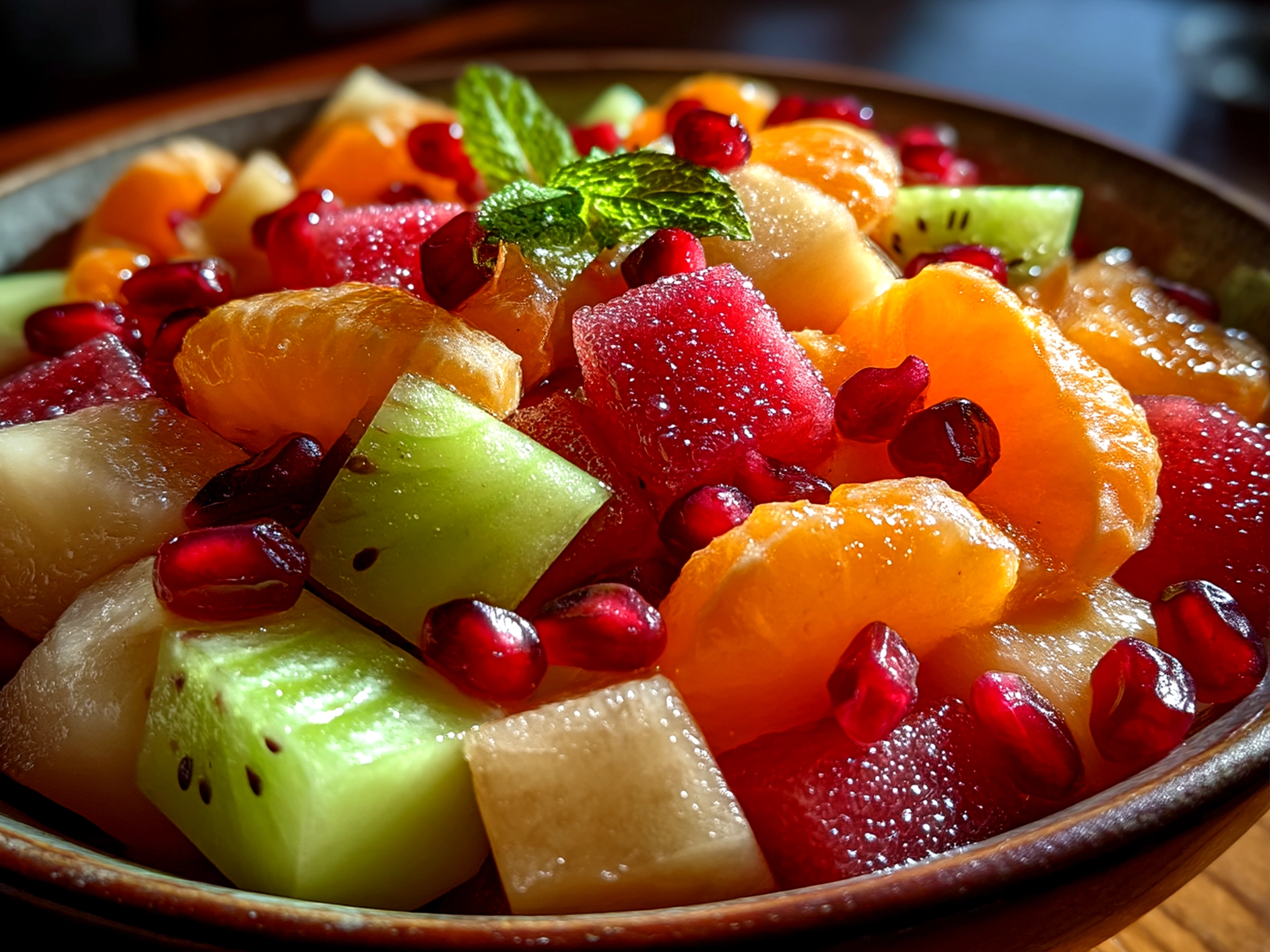 Slight angle close up of finished comforting winter fruit salad in bowl