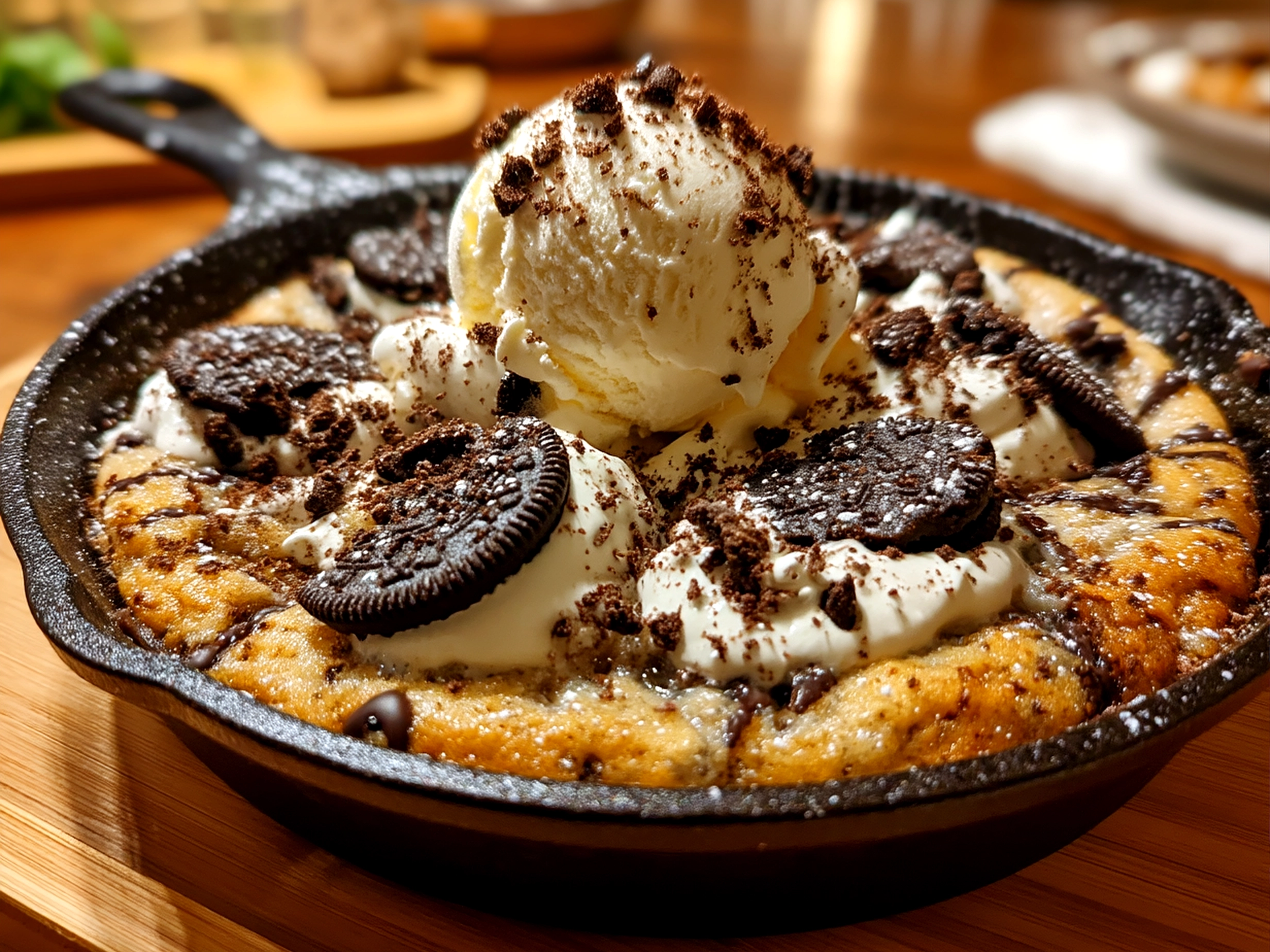 Slight angle close-up of finished Cookies Cream Skillet Cookie topped with ice cream and crushed cookies