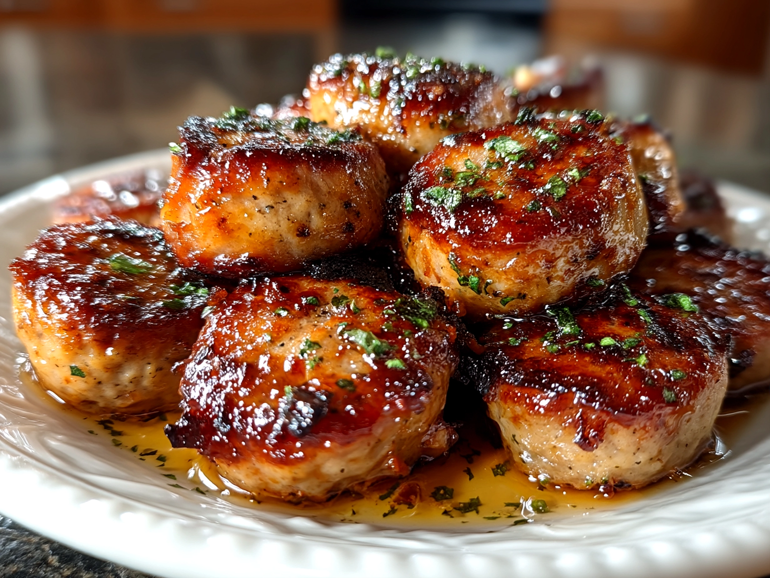 Close-up of finished BBQ Sausage Bites with caramelized glaze and grill marks on a serving platter