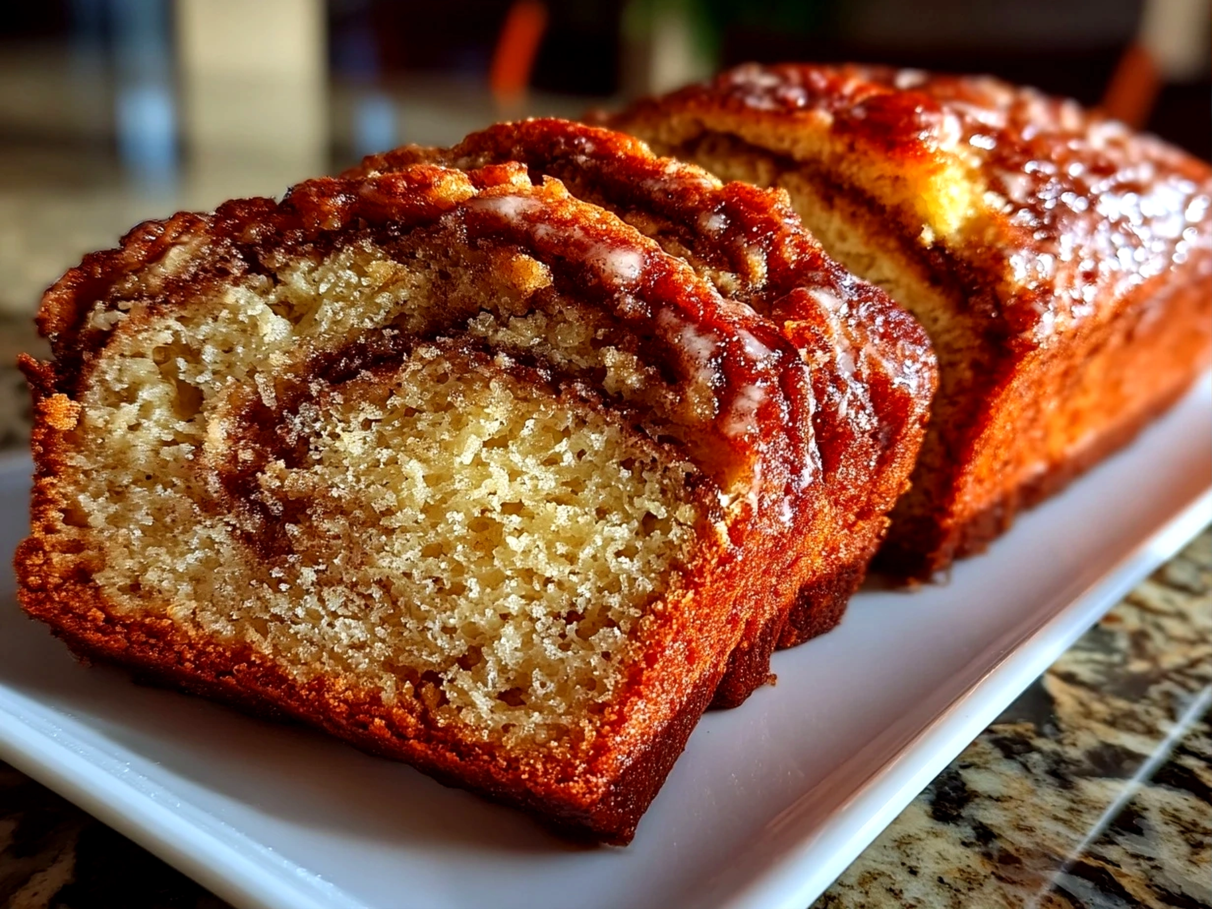 Slight angle close-up of finished delicious cinnamon swirl banana bread
