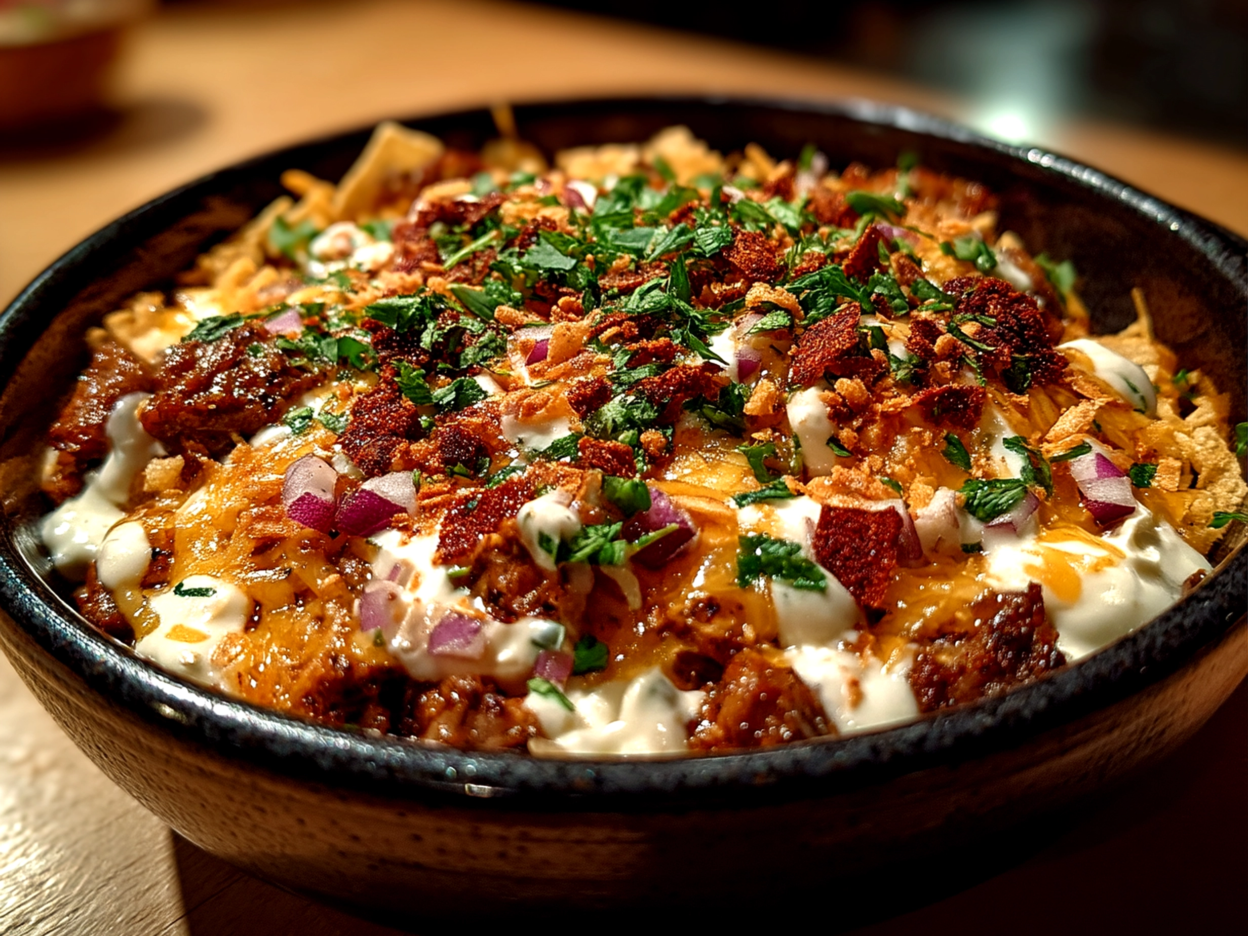 Slight angle close up finished delicious Ranch Taco Party Bowl