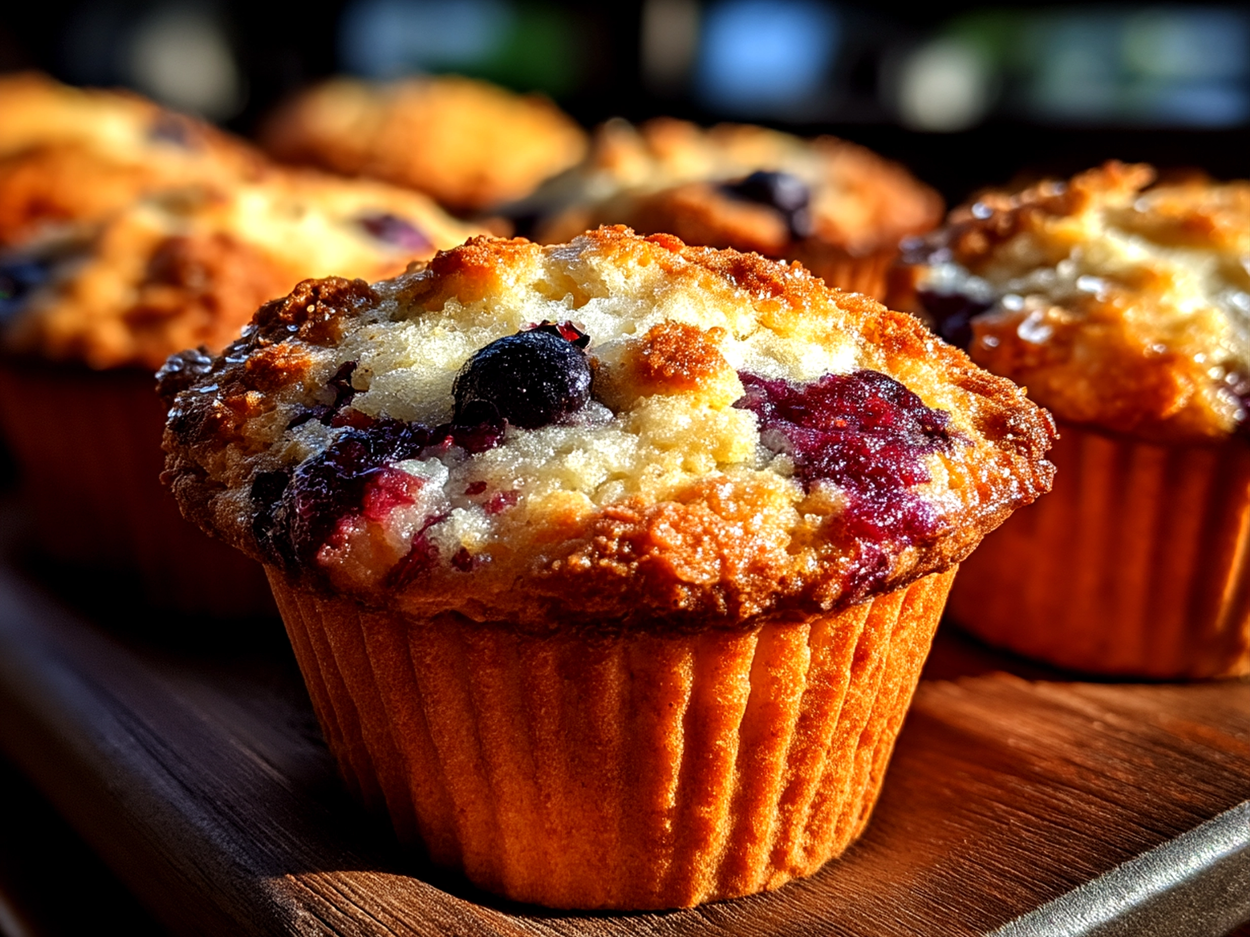 Slight angle close-up of finished delicious sourdough blueberry muffins