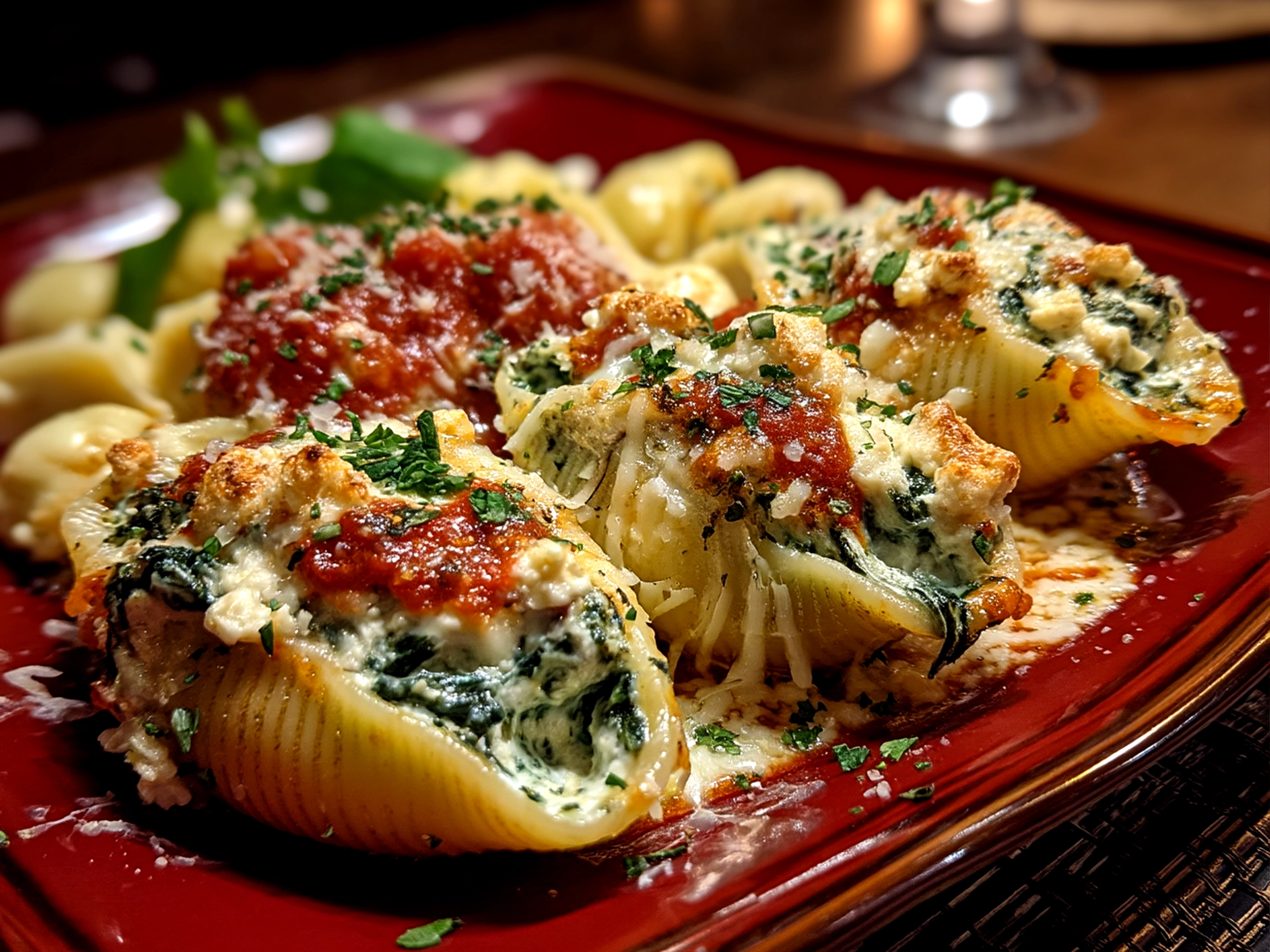 Finished delicious Spinach Ricotta Stuffed Shells served on a rustic ceramic dish