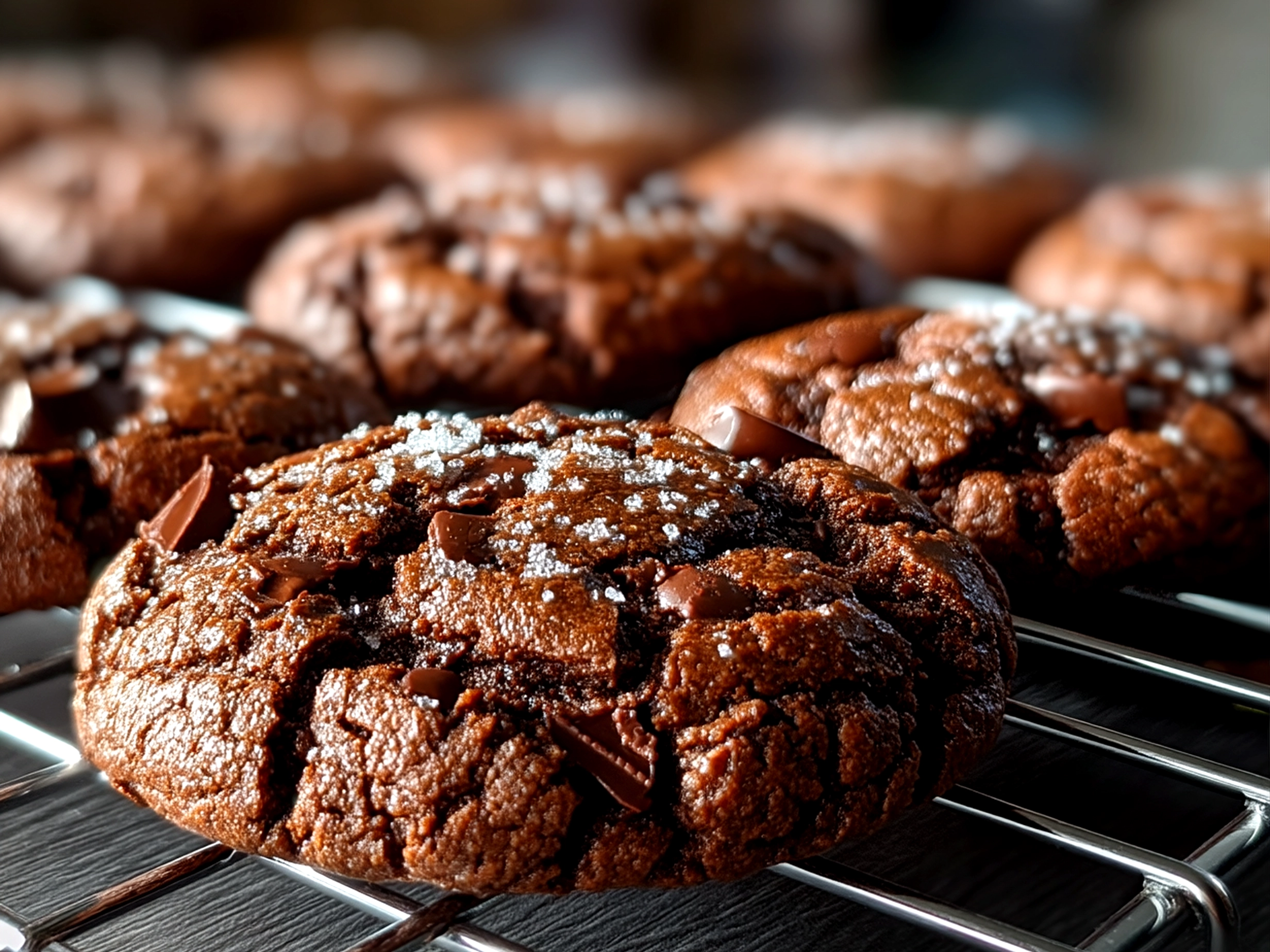 Close up finished double chocolate sourdough cookies with glossy surface