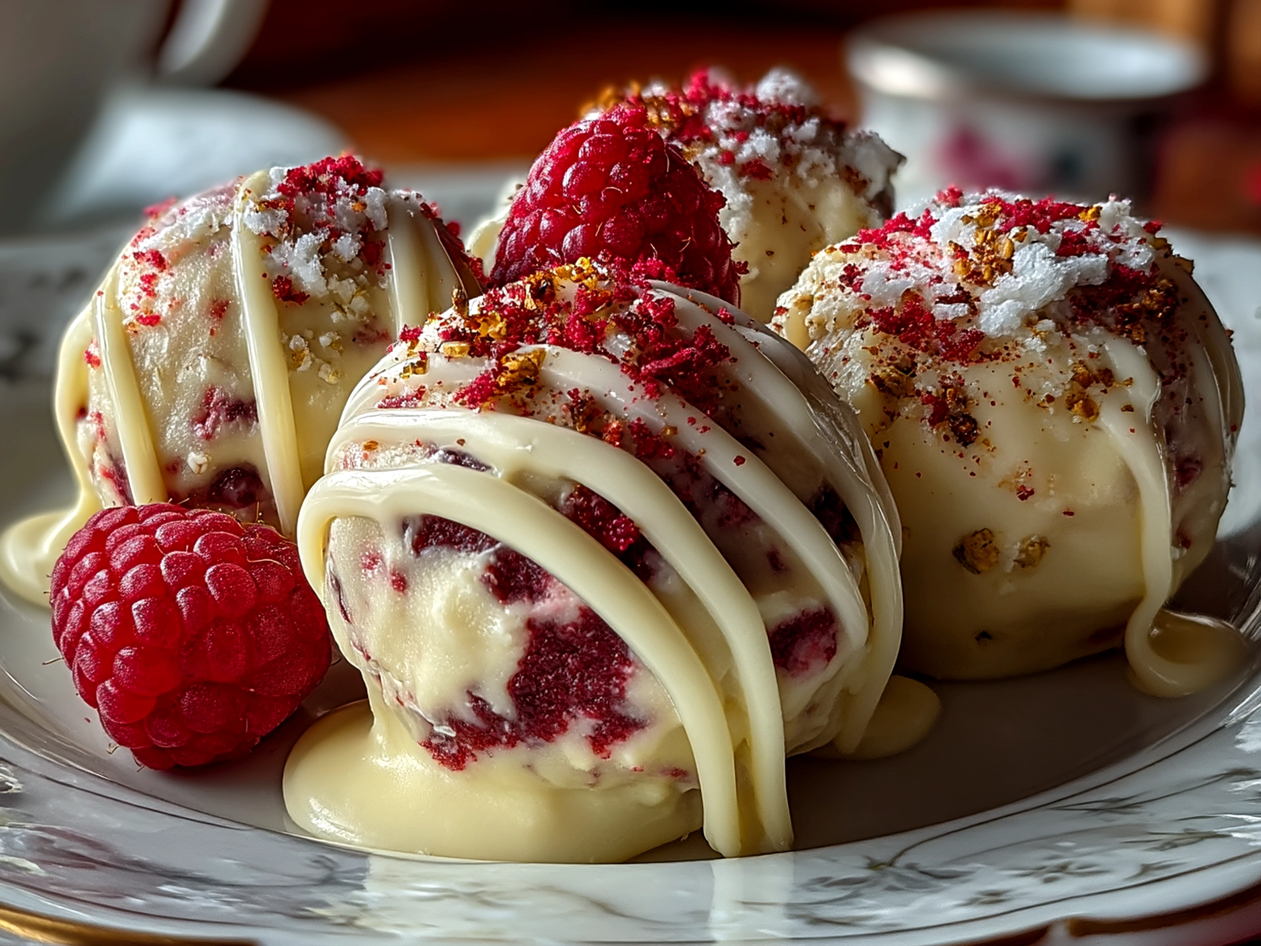 Close-up of finished fresh Raspberry Cheesecake Truffles on a serving plate