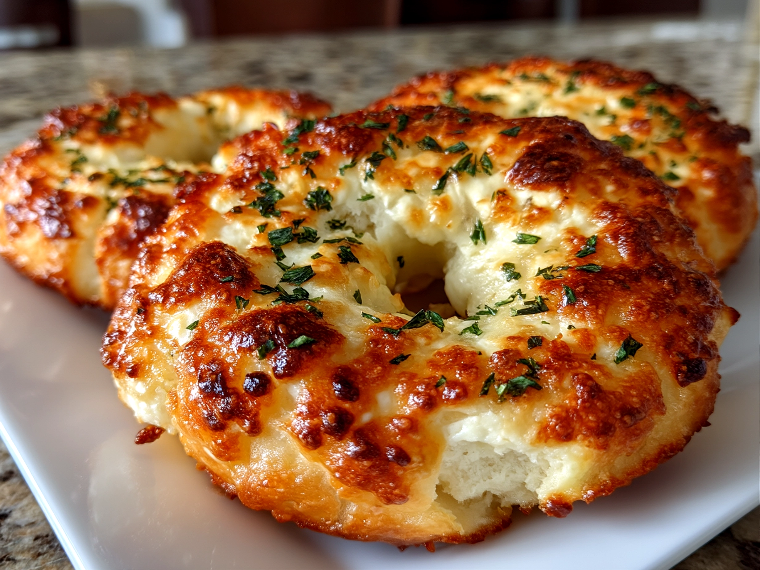 Close-up of finished Garlic-Parmesan Cottage Cheese Bagels with golden crust and cheese melt