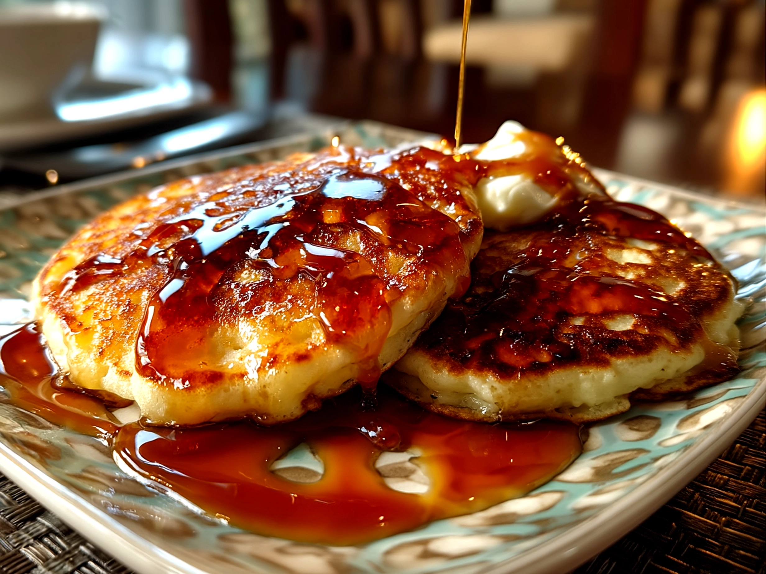 Stack of finished Greek Yogurt Pancakes drizzled with syrup and topped with berries