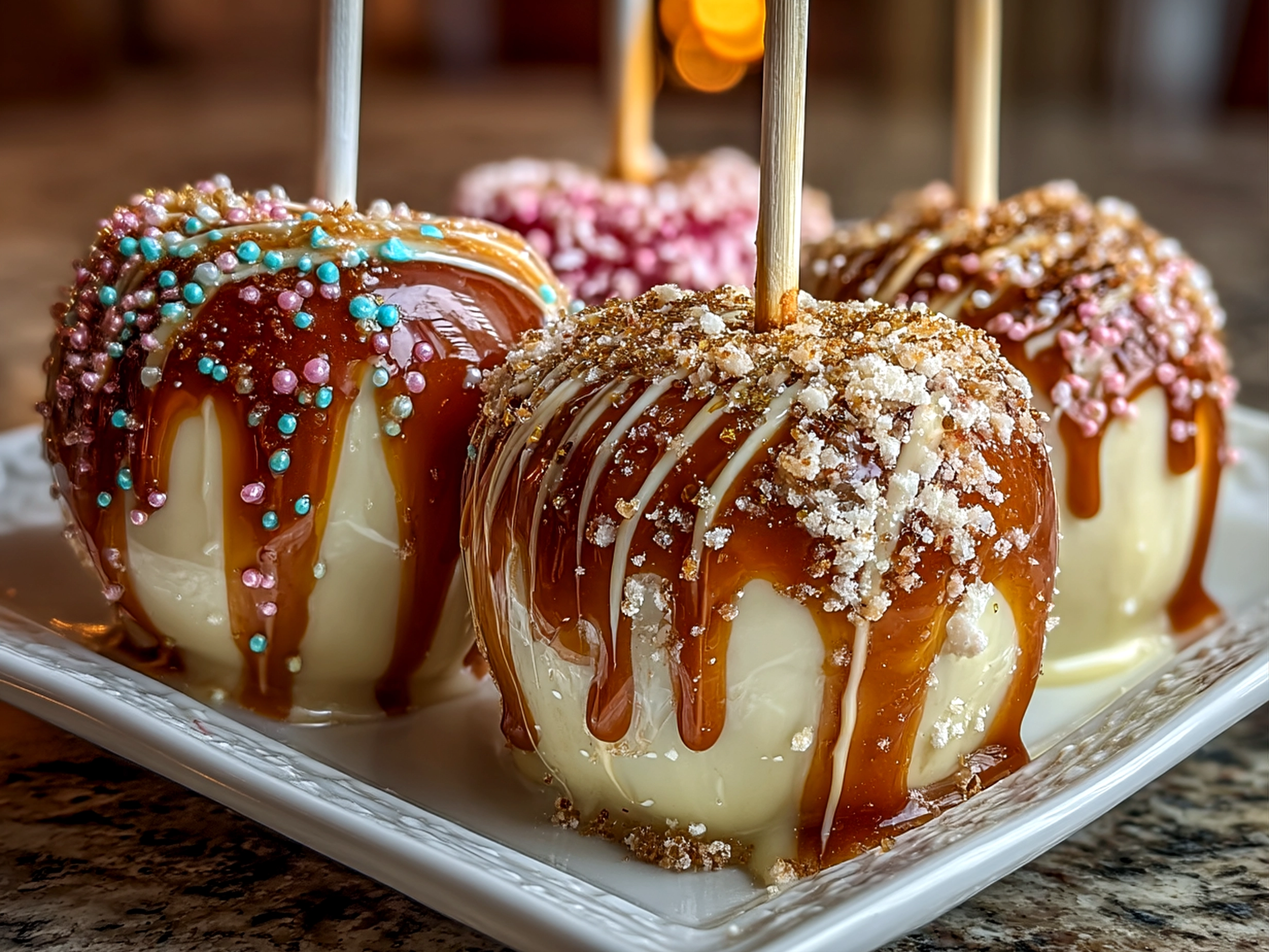 Slight angle close up of finished homemade candy apples