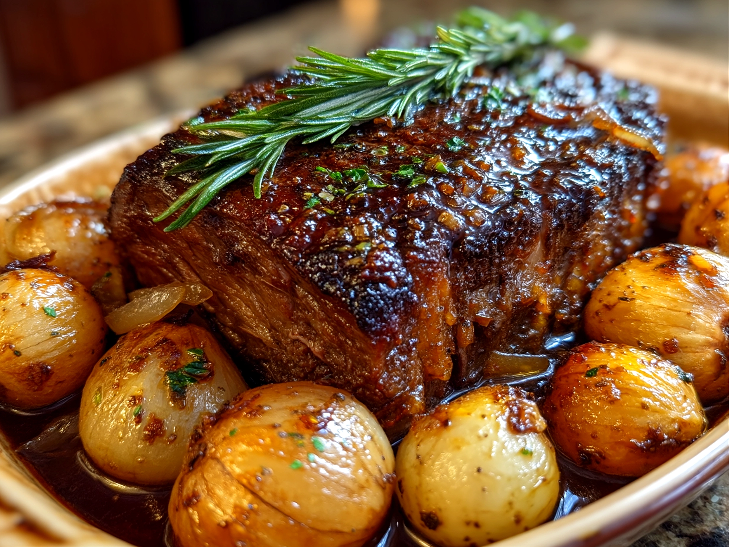 Slight angle close up finished homemade French Onion Pot Roast