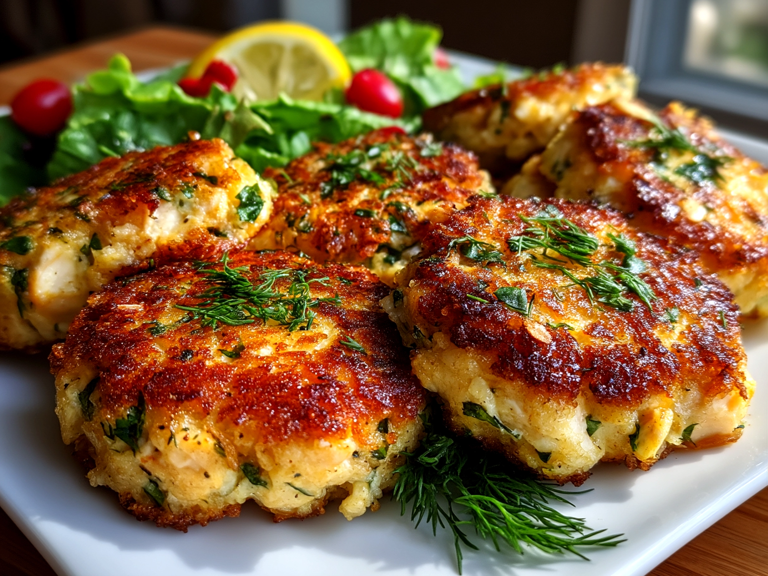 Close up of finished Lemon Dill Salmon Cakes with dill sauce and lemon wedges