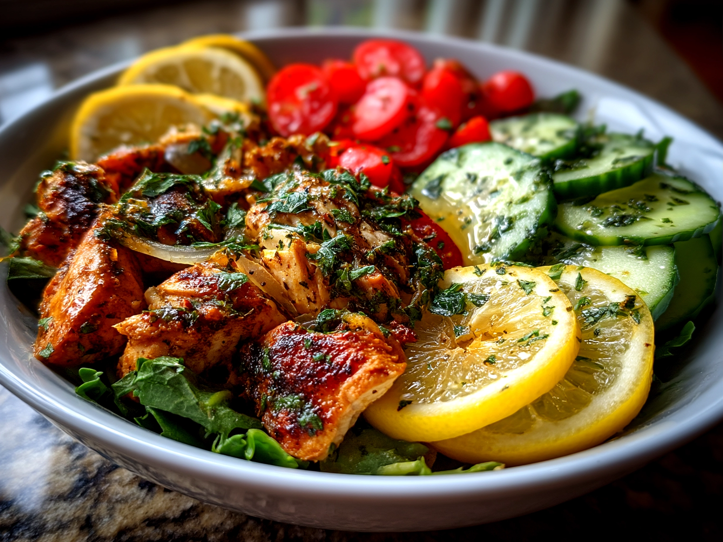 Slight angle close-up of finished Lemon-Herb Chicken Nourish Bowl showcasing colorful vegetables, sliced chicken, and fresh herbs