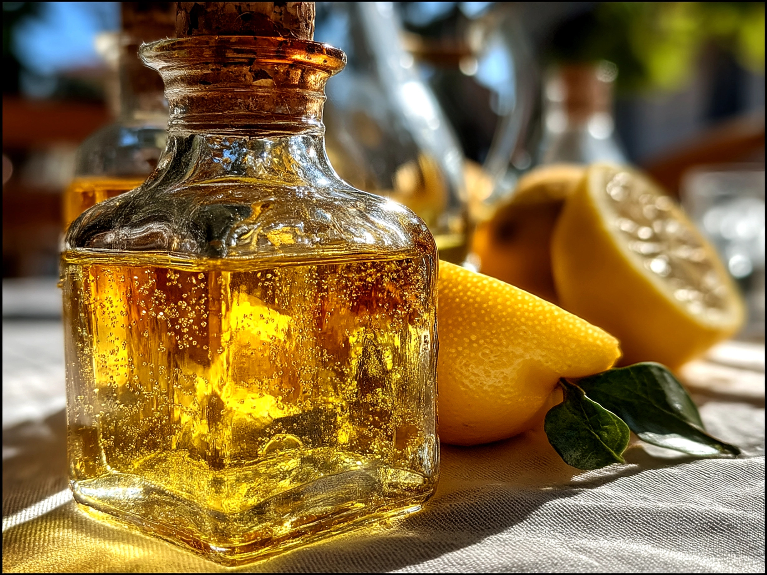 Finished limoncello bottle in slight angle close-up