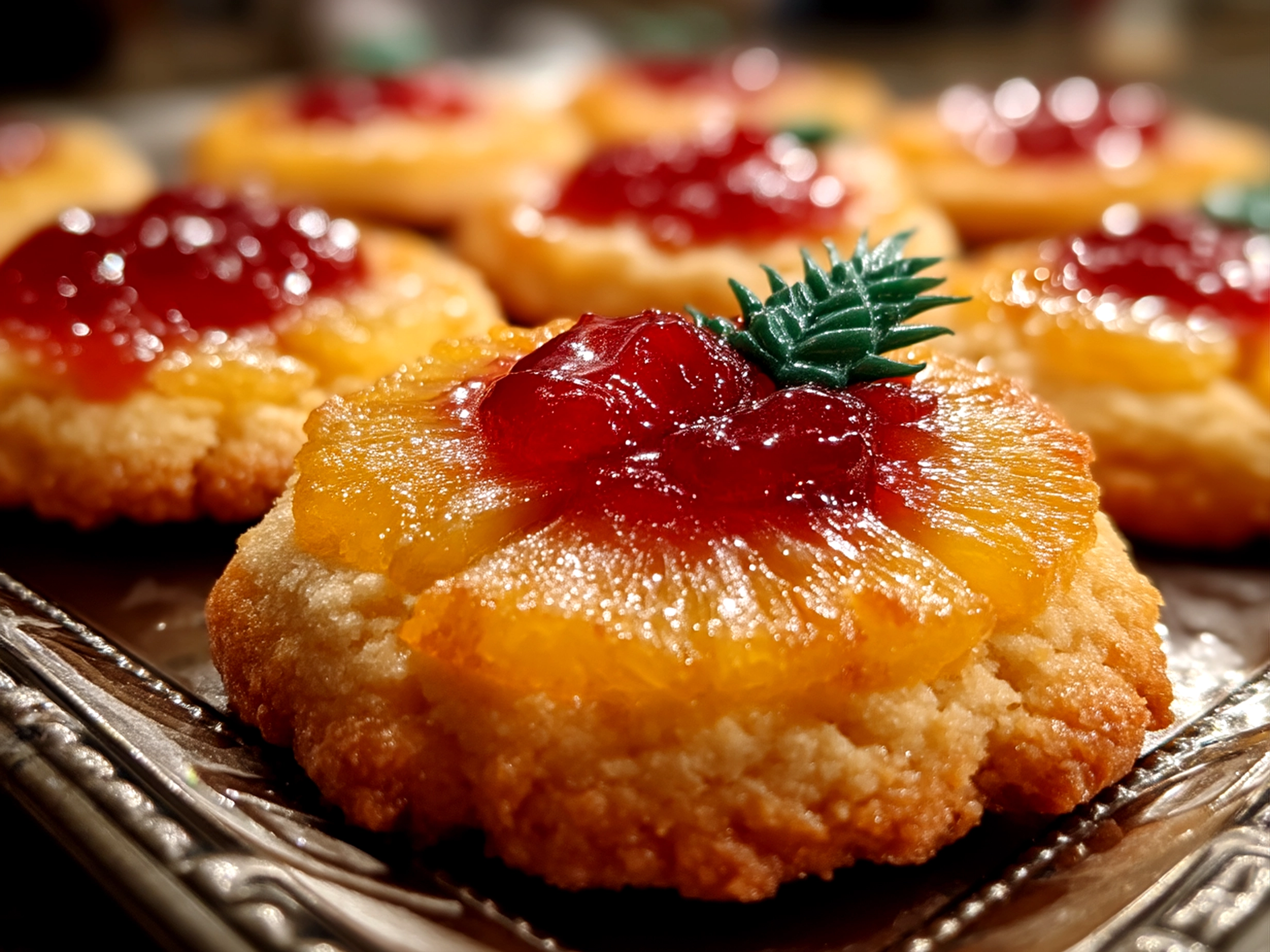 Slight angle close-up of finished Pineapple Upside Down Sugar Cookies