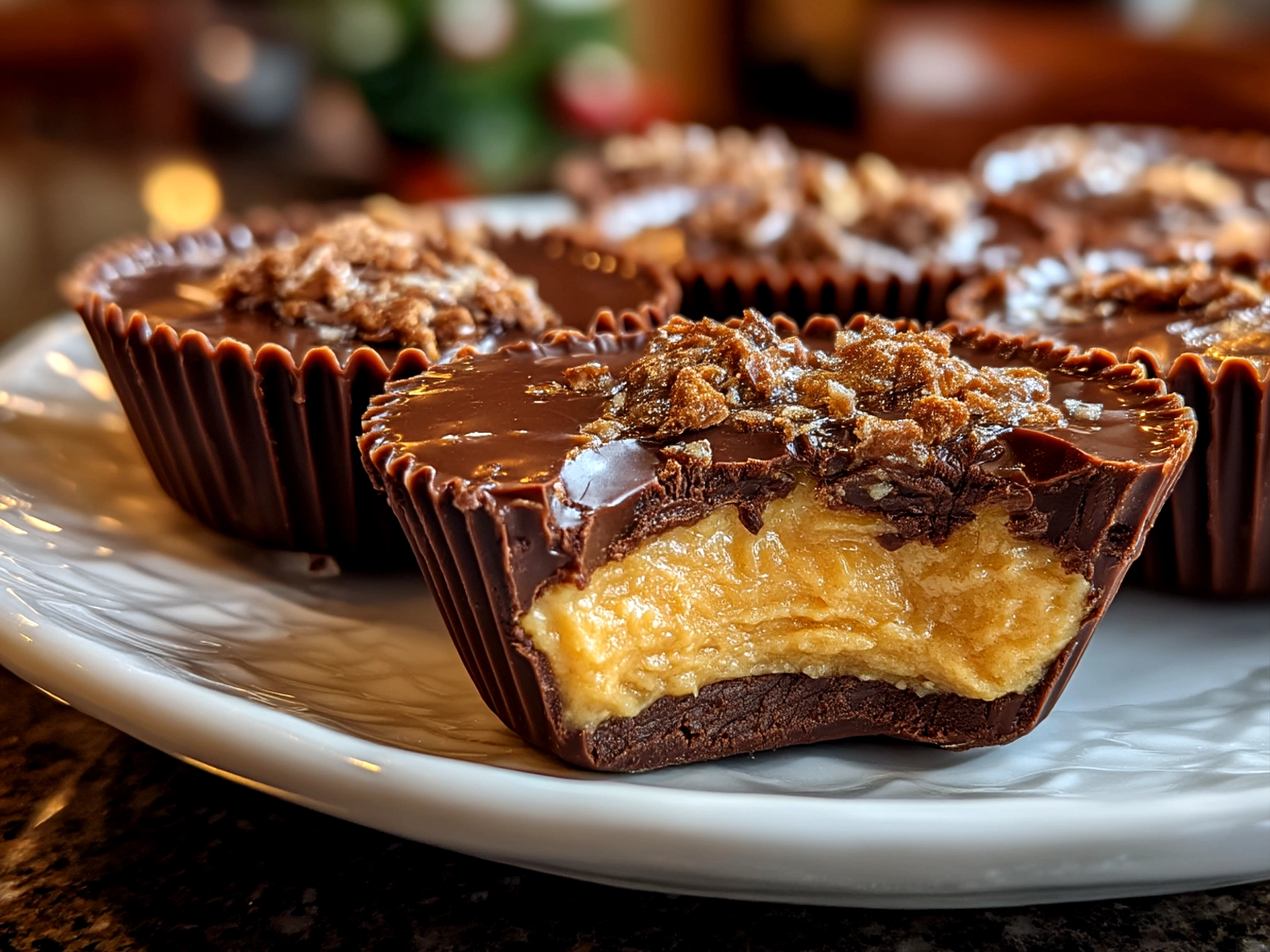 Slight angle close up of finished Reeses Peanut Butter Cups on a black platter