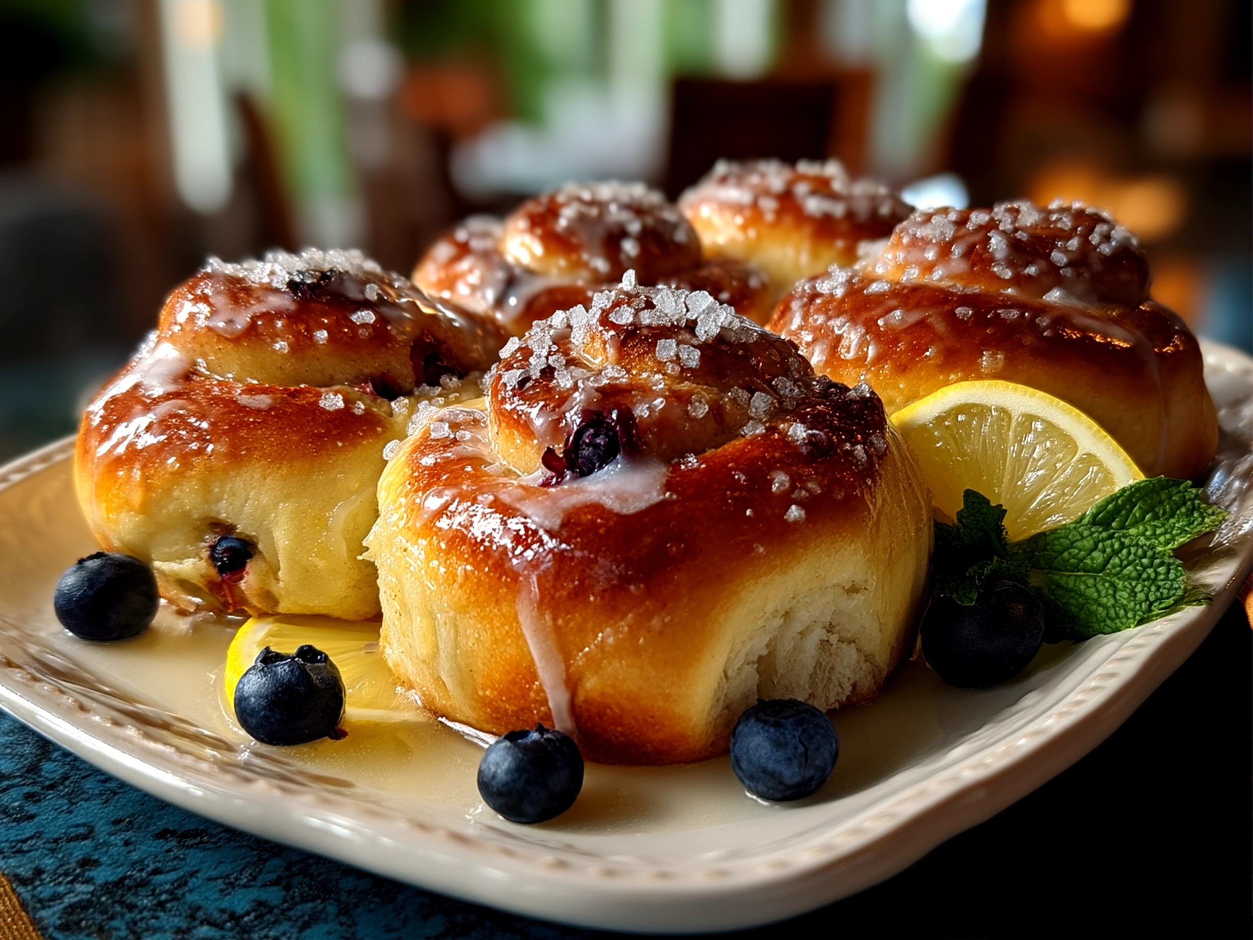Close-up of finished Sourdough Discard Lemon Blueberry Rolls with glaze